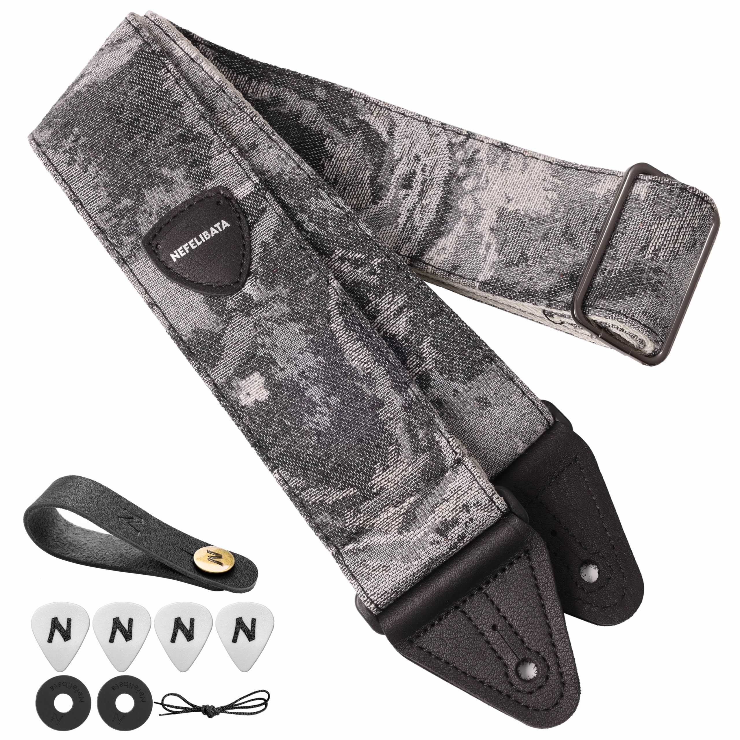 Nefelibata Guitar Strap 2.3", Double Cowhide Leather Ends, Cotton Guitar Straps for Bass, Electric & Acoustic Guitar, with Strap Button, Strap Locks and Guitar Picks Camo
