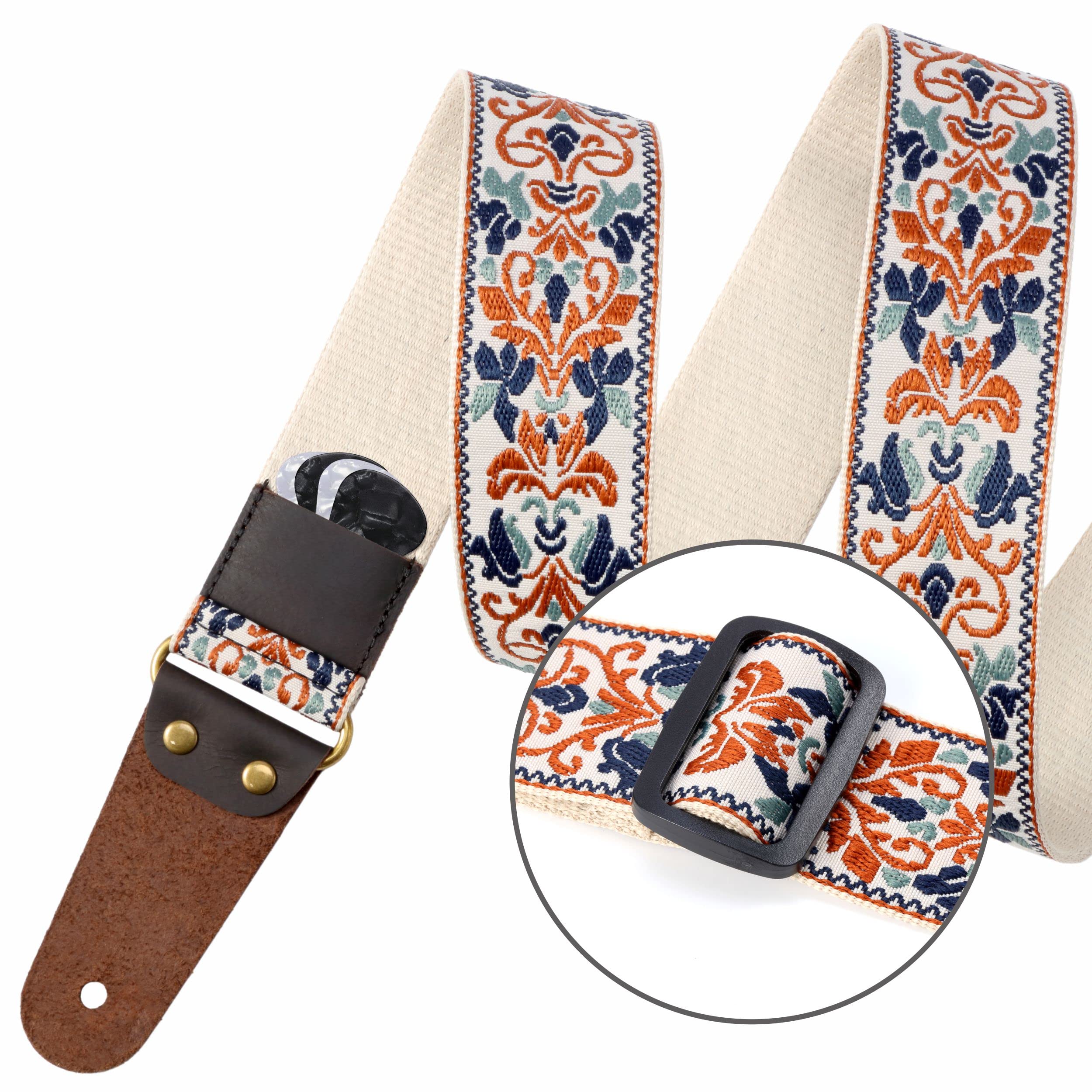 Nefelibata Guitar Strap, 2" Jacquard Embroidery Guitar Straps, Full Grain Leather Ends with Hidden Pocket, for Bass, Electric and Acoustic Guitars, Free Buckle, Strap Lock and Guitar Picks Golden Jacquard - Image 3