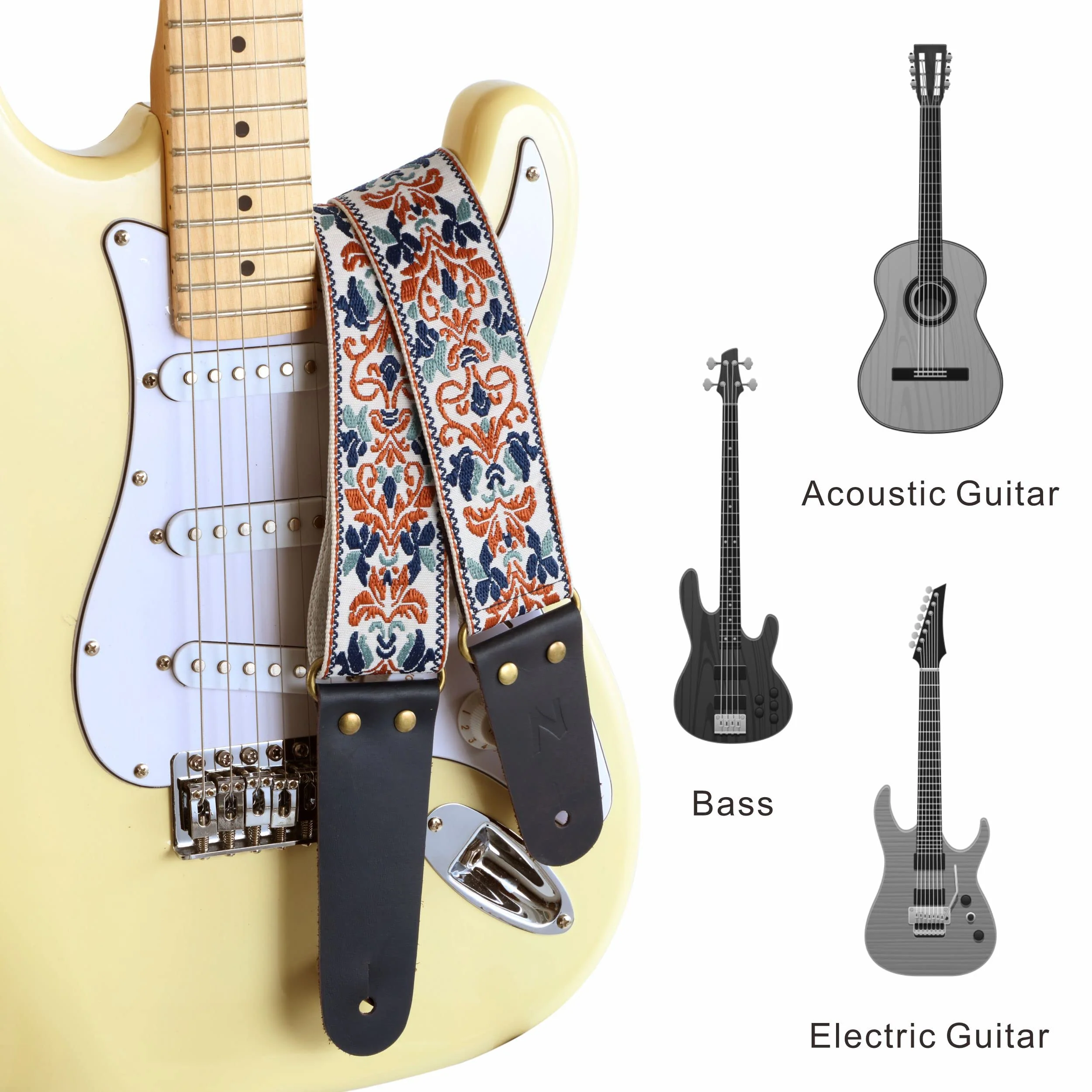 Nefelibata Guitar Strap, 2" Jacquard Embroidery Guitar Straps, Full Grain Leather Ends with Hidden Pocket, for Bass, Electric and Acoustic Guitars, Free Buckle, Strap Lock and Guitar Picks Golden Jacquard - Image 4