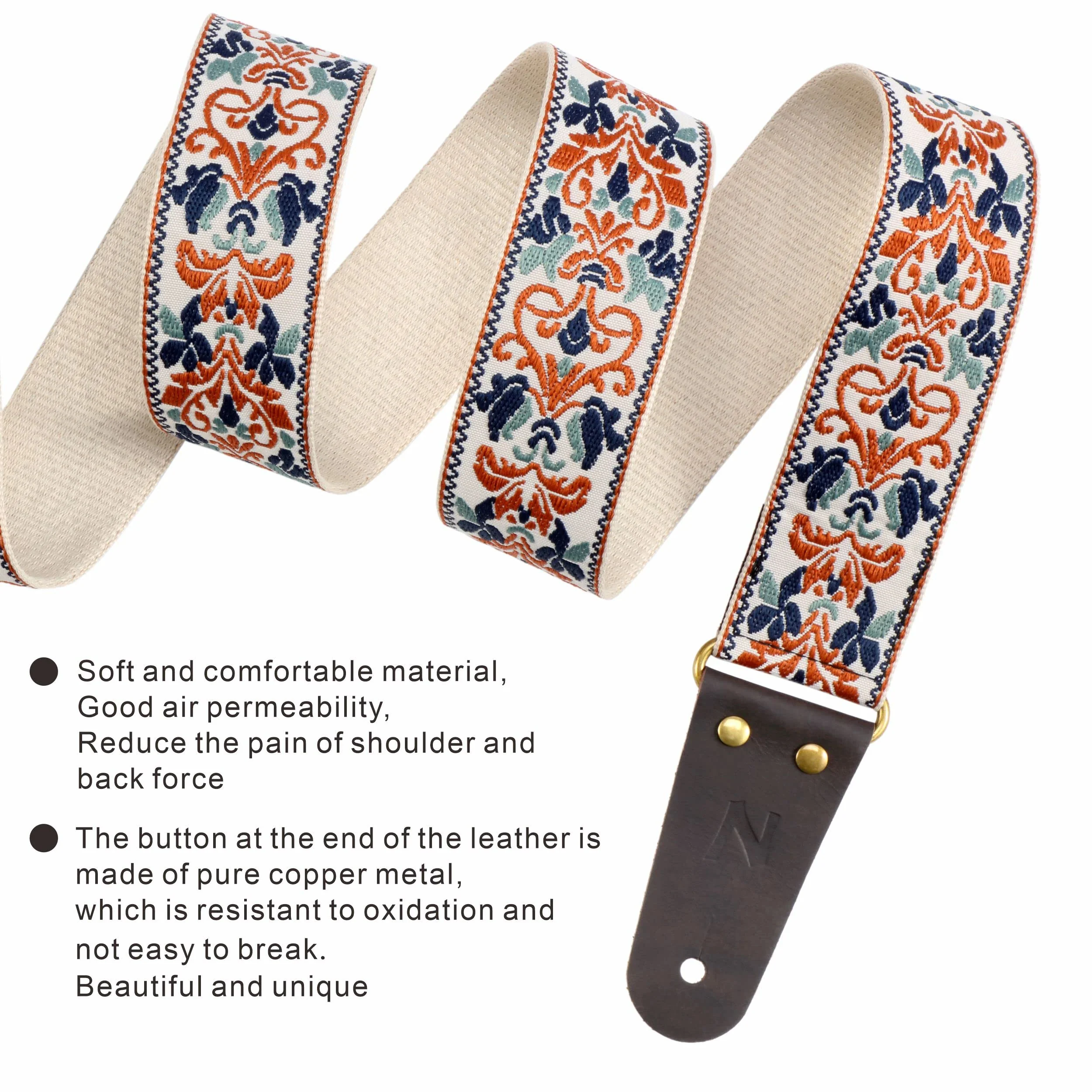 Nefelibata Guitar Strap, 2" Jacquard Embroidery Guitar Straps, Full Grain Leather Ends with Hidden Pocket, for Bass, Electric and Acoustic Guitars, Free Buckle, Strap Lock and Guitar Picks Golden Jacquard - Image 7