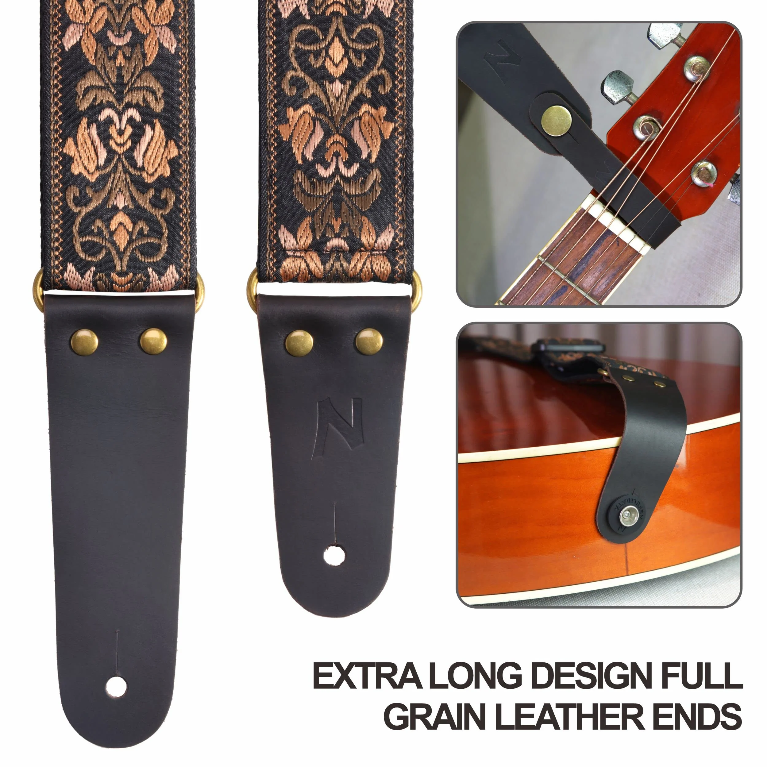 Nefelibata Guitar Strap, 2" Jacquard Embroidery Guitar Straps, Full Grain Leather Ends with Hidden Pocket, for Bass, Electric and Acoustic Guitars, Strap Button, Strap Locks and Guitar Picks Retro Gold Flowers - Image 2