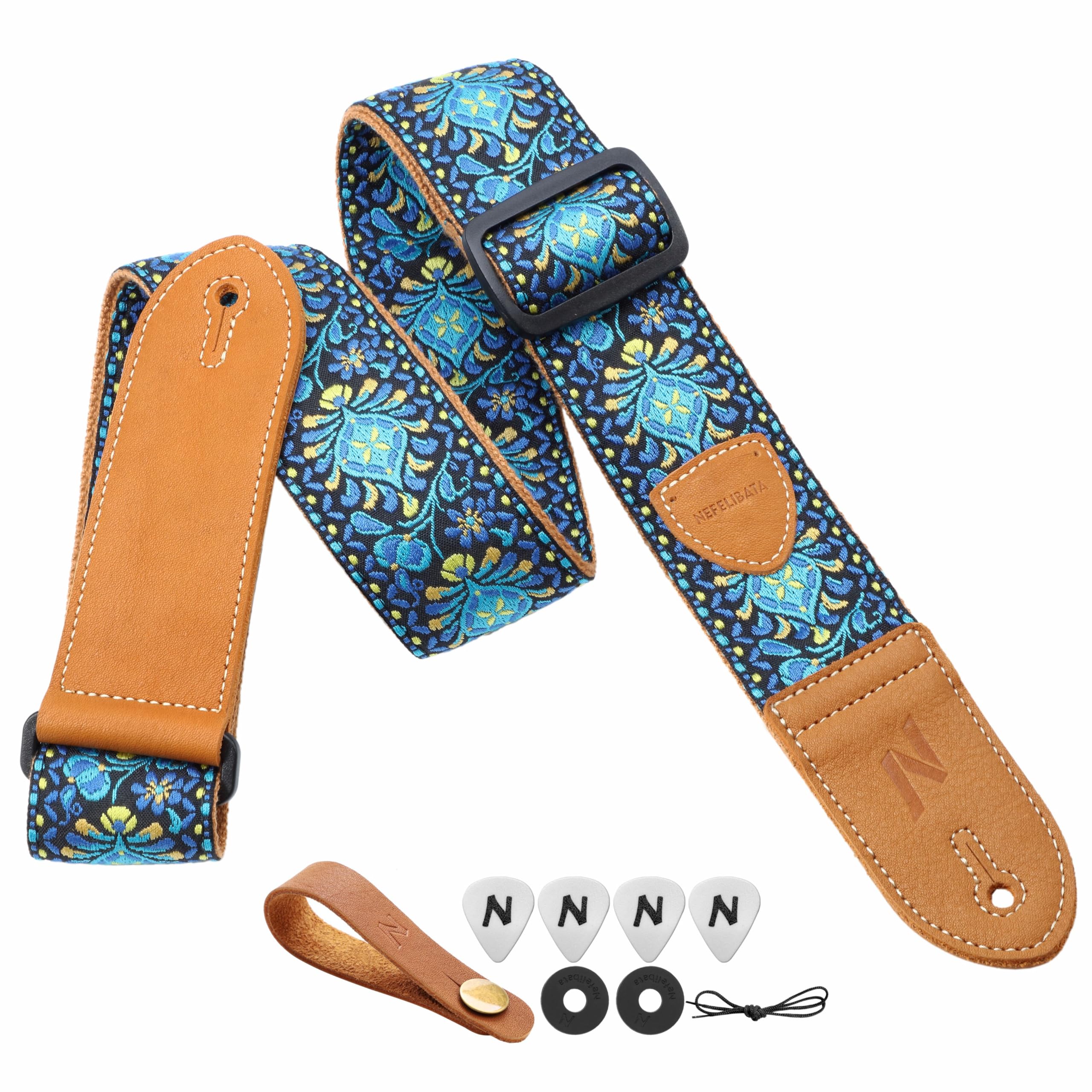 Nefelibata Guitar Strap,Double leather ends,Vintage Woven W/FREE BONUS-4 Picks+Strap Locks+Strap Button,Best Gift For Bass,Electric&Acoustic Guitars for Guitar(Vintage blue yellow embroidery) B#-vintage Blue Yellow Embroidery