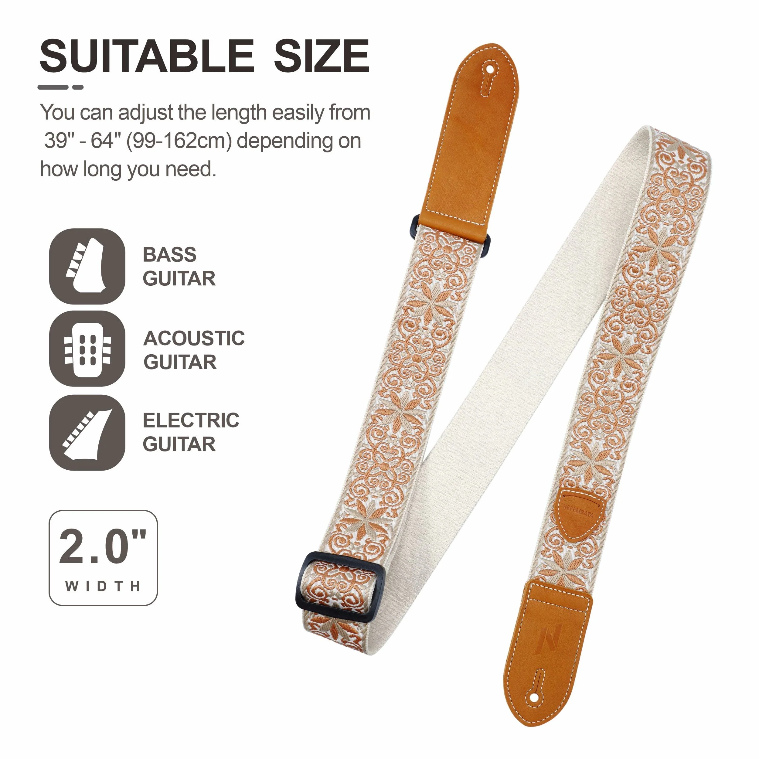 Nefelibata Guitar Strap,Double leather ends,Vintage Woven W/FREE BONUS-4 Picks+Strap Locks+Strap Button,Best Gift For Bass,Electric&Acoustic Guitars for Guitar(Vintage khaki yellow embroidery) A#-vintage Khaki Yellow Embroidery - Image 7