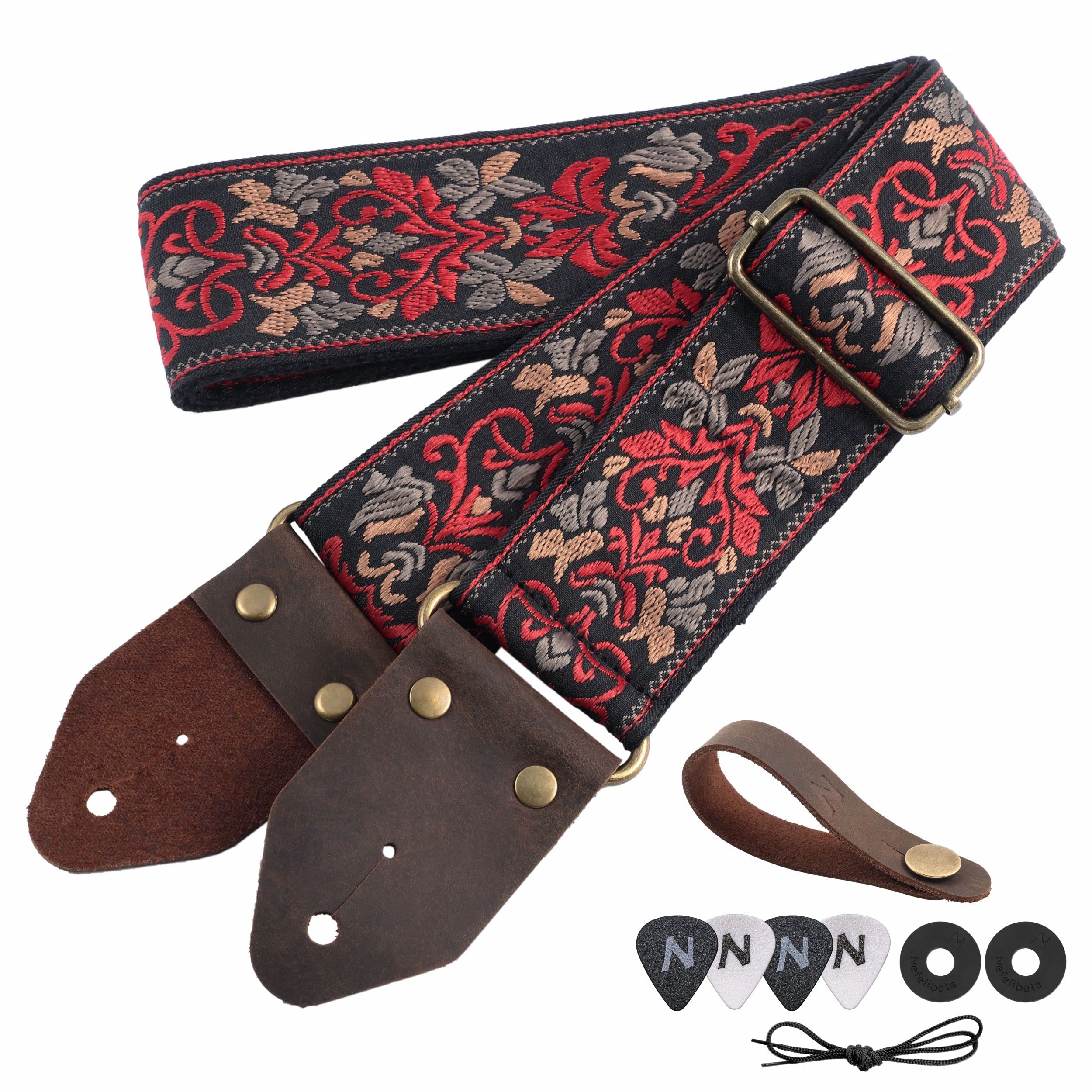 Nefelibata Guitar Strap,Jacquard Embroidery Cotton Guitar Straps with Crazy Horse Leather Leather Ends for Bass, Electric & Acoustic, Best Gifts for Kids, Guitarists(Retro Red Flower) Retro Red Flower
