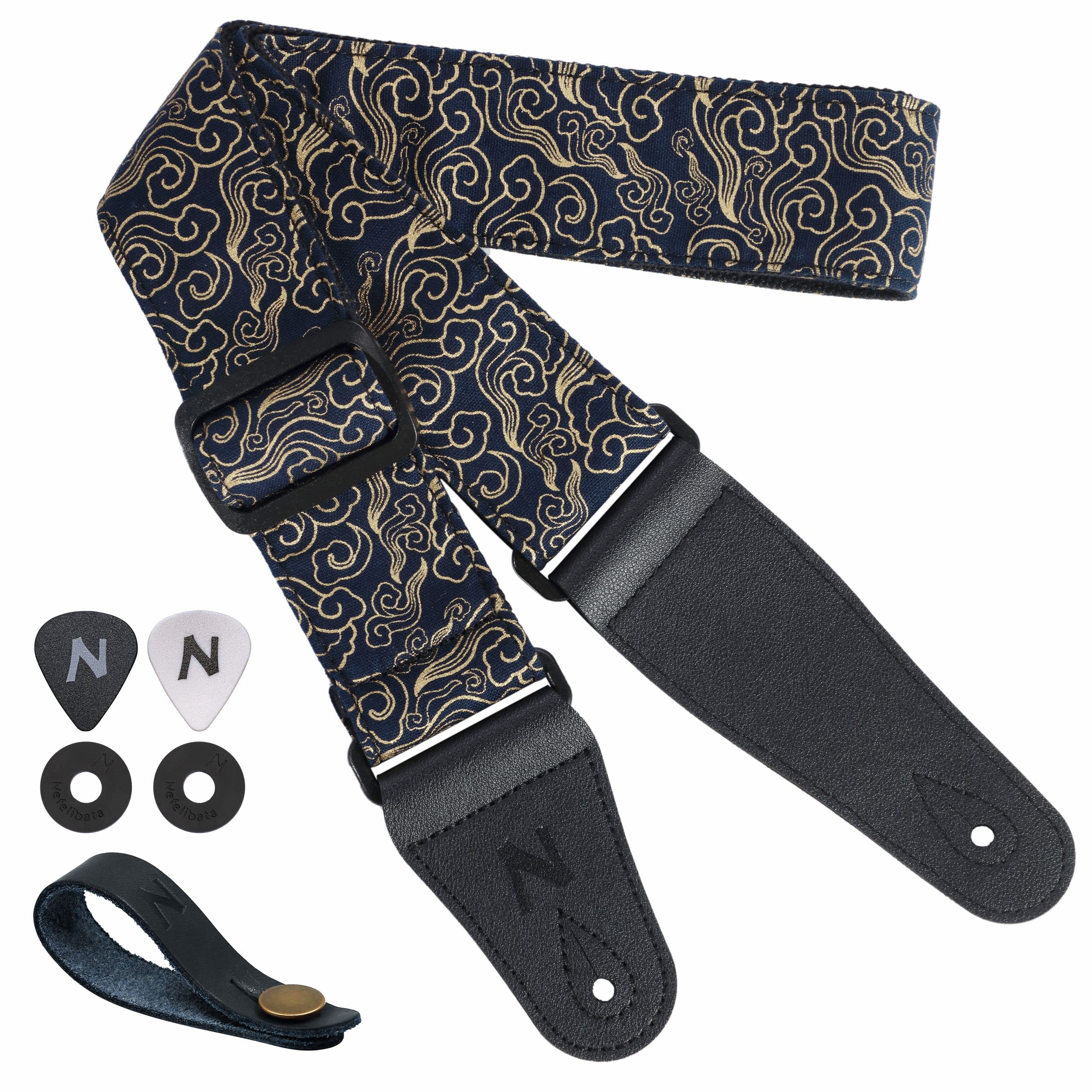 Nefelibata Guitar Strap Japan Printed Cotton Original Design Adjustable Guitar Strap with Long Leather Ends,Include Strap Button,Guitar Picks and Strap Locks(Auspicious Cloud) Auspicious Cloud