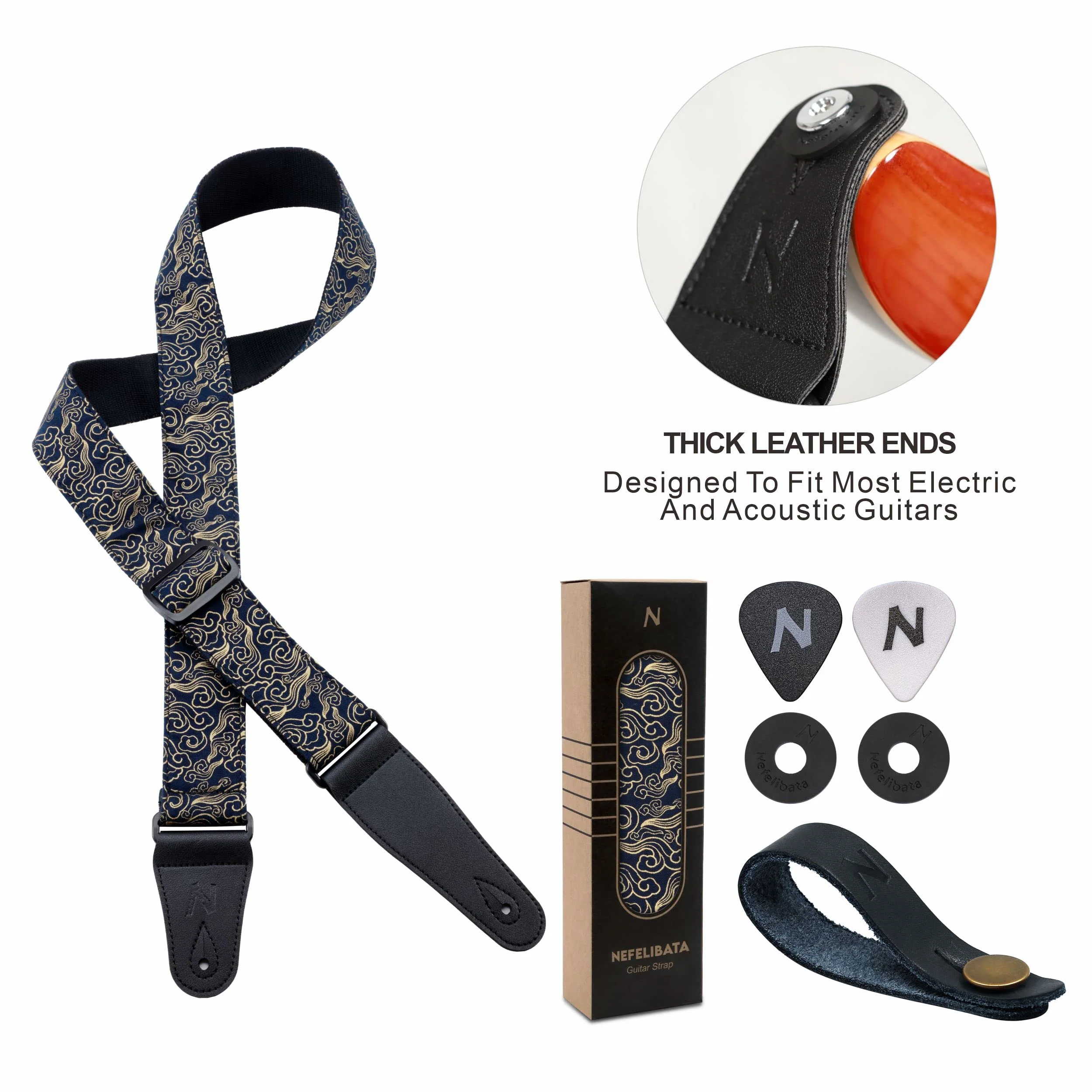 Nefelibata Guitar Strap Japan Printed Cotton Original Design Adjustable Guitar Strap with Long Leather Ends,Include Strap Button,Guitar Picks and Strap Locks(Auspicious Cloud) Auspicious Cloud - Image 6