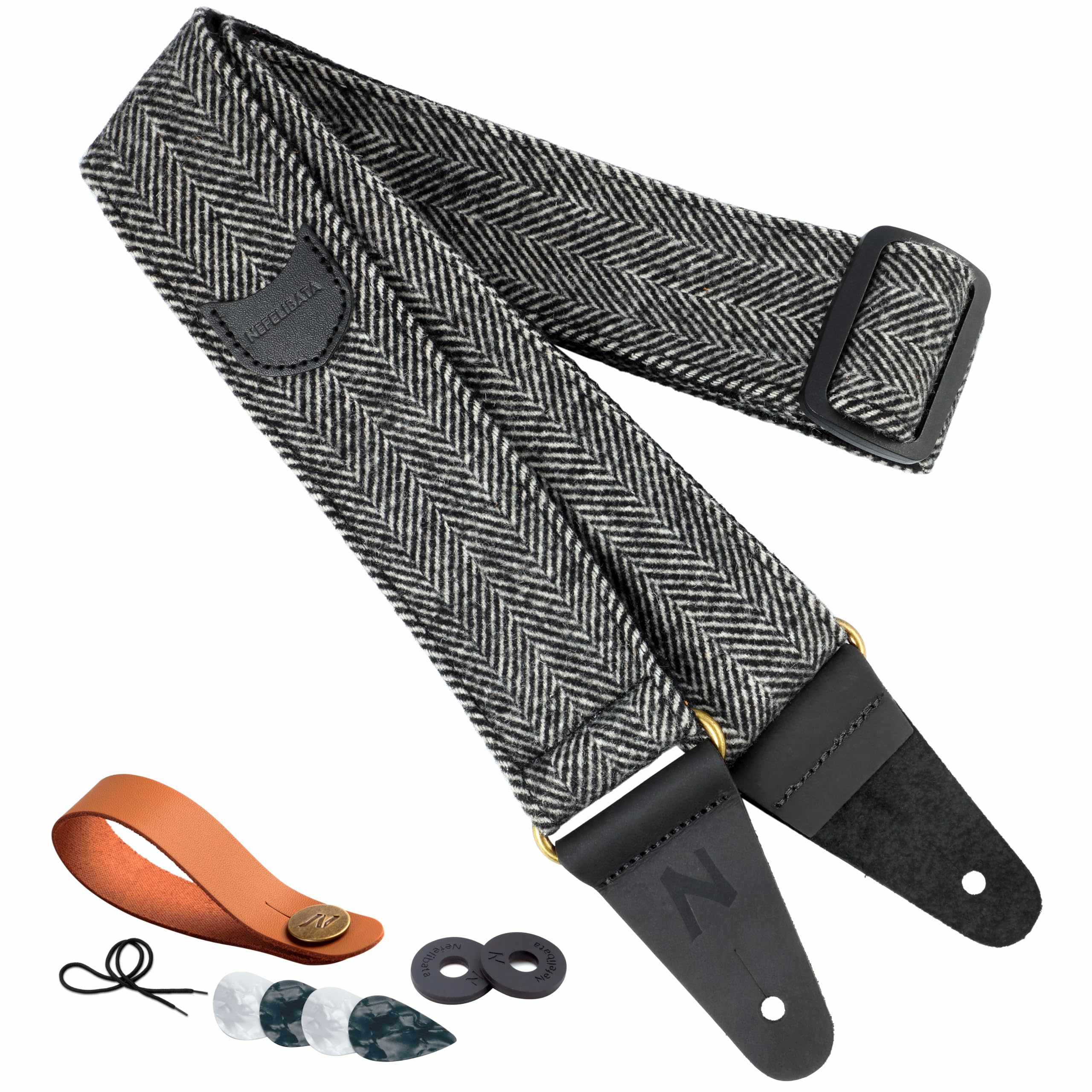 Nefelibata Guitar Strap, Soft Cashmere-containing Fabric Full Grain Leather End Guitar Straps for Bass, Electric and Acoustic Guitars, Come with Free Button, Locks and Guitar Picks Black & White Twill
