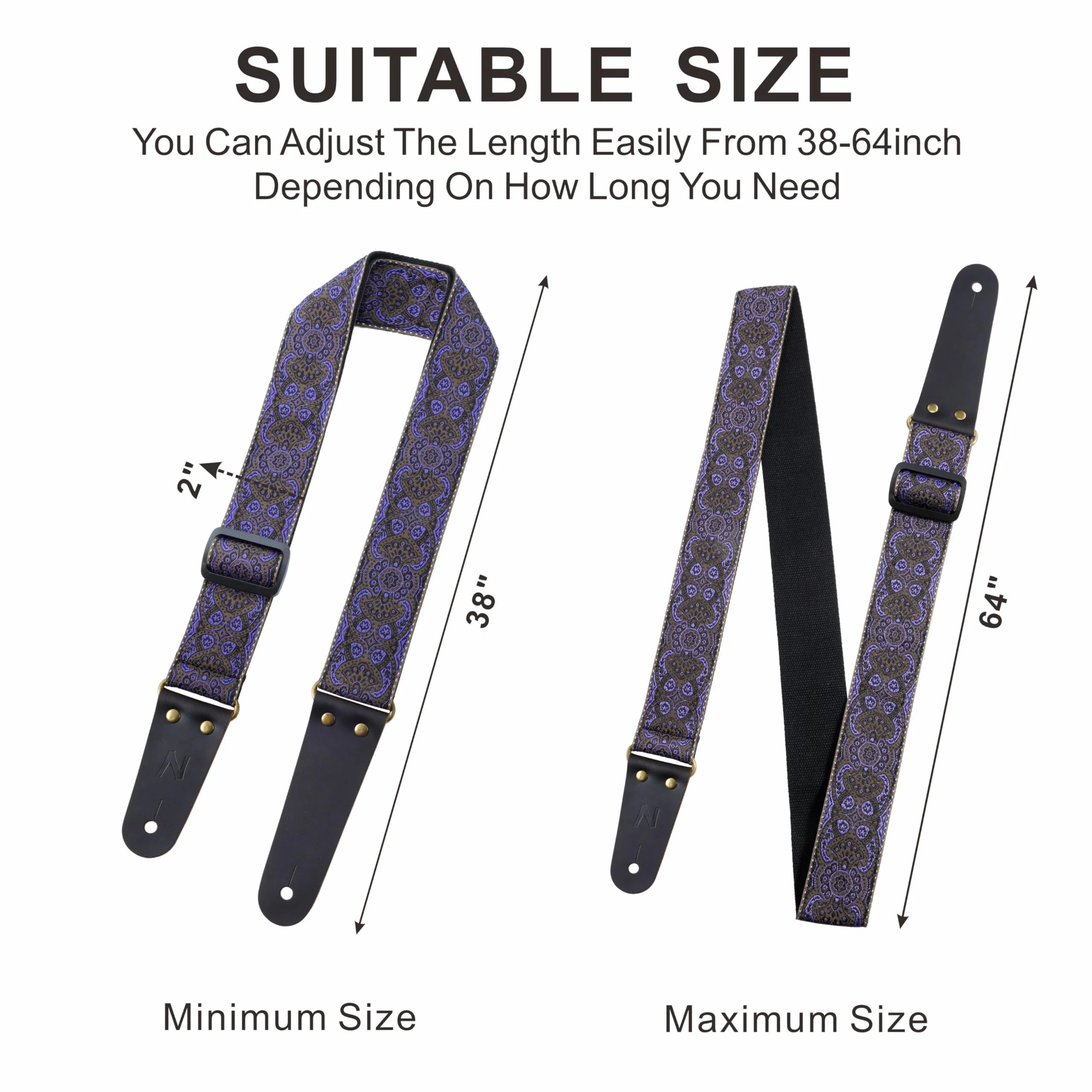 Nefelibata Guitar Strap, Vintage Embroidered Cotton Guitar Straps with Head Cowhide Leather Ends for Bass, Electric & Acoustic Guitars, with Free Strap Button, 1 Pair Strap Locks and 4 Guitar Picks Purple - Image 5