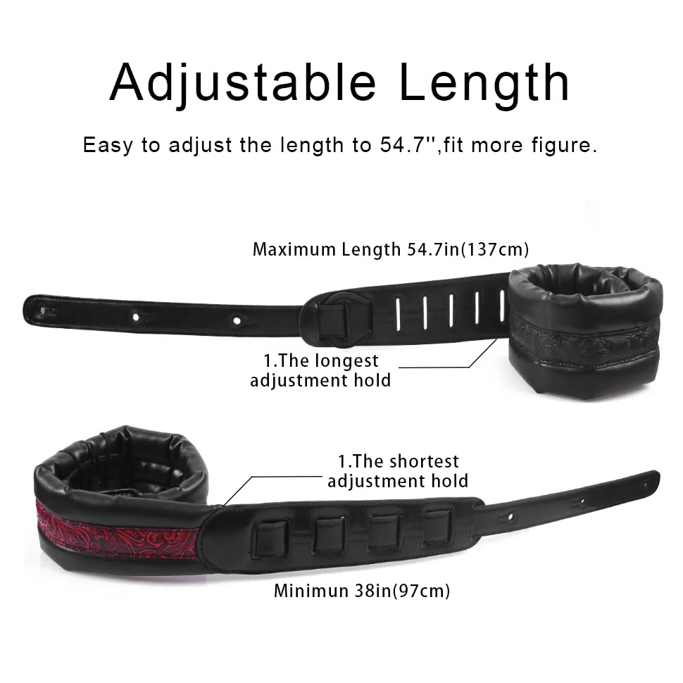 Neoprene Leather Guitar Strap 3.4'' With Carbon Buckle, Leather Top & Back Soft For Bass, Electric Acoustic Guitar Red - Image 5