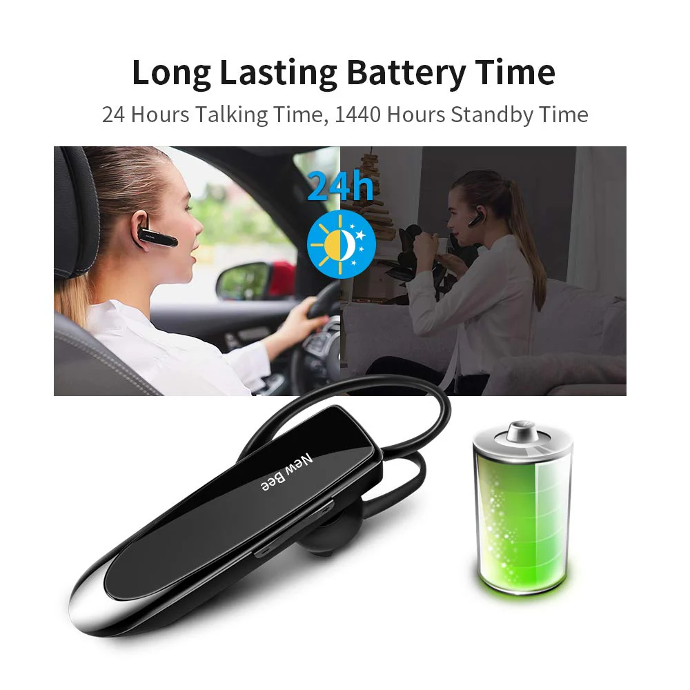 New bee Bluetooth Earpiece V5.0 Wireless Handsfree Headset with Microphone 24 Hrs Driving Headset 60 Days Standby Time for iPhone Android Samsung Laptop Trucker Driver (Black) Black - Image 3