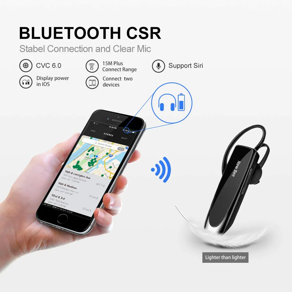 New bee Bluetooth Earpiece V5.0 Wireless Handsfree Headset with Microphone 24 Hrs Driving Headset 60 Days Standby Time for iPhone Android Samsung Laptop Trucker Driver (Black) Black - Image 7