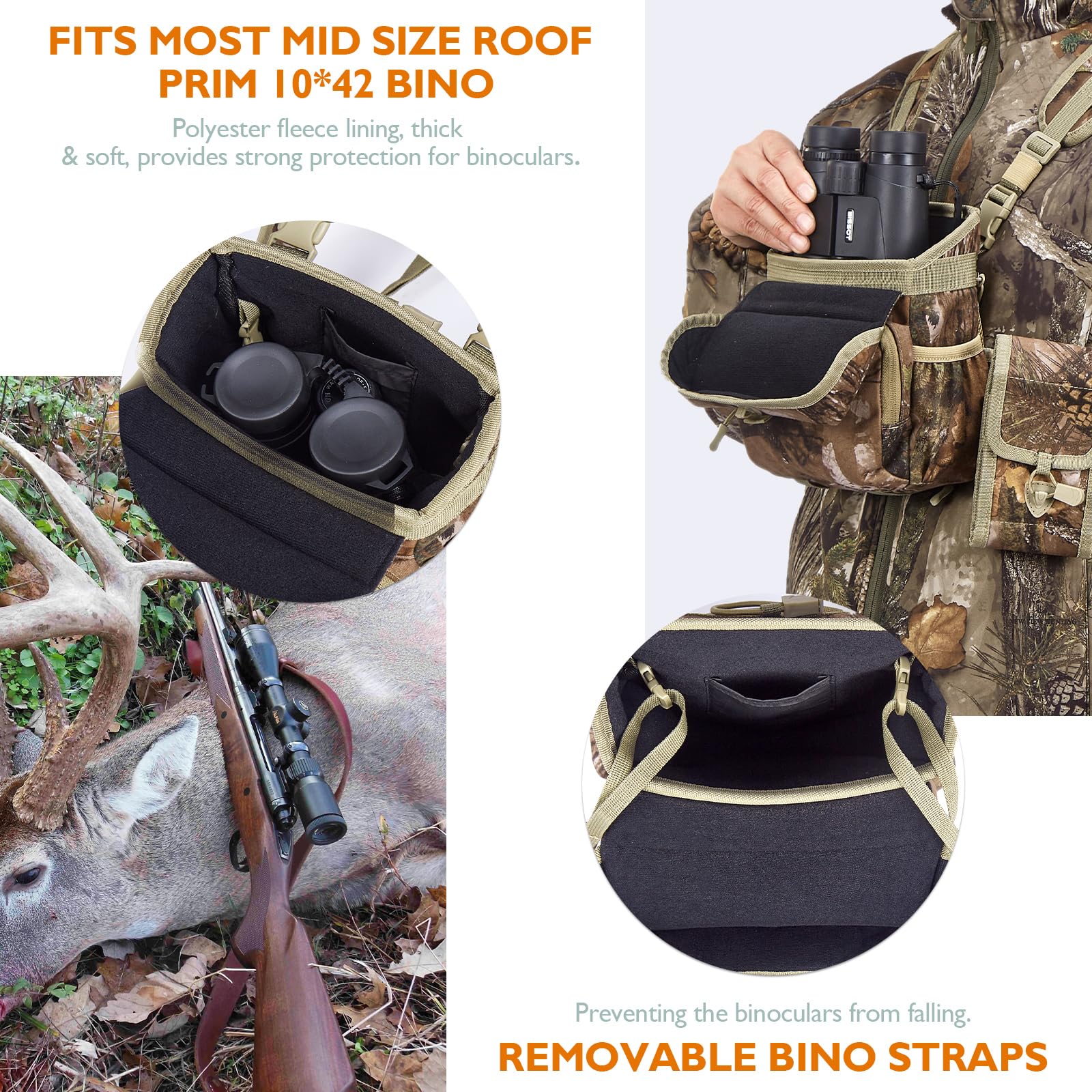 NEW VIEW Binocular Harness Chest Pack with Detachable Rangefinder Pouch, Adjustable Bino Harness & Rain Cover, Ideal for Hunting, Hiking - Camo & Quiet L - Image 2