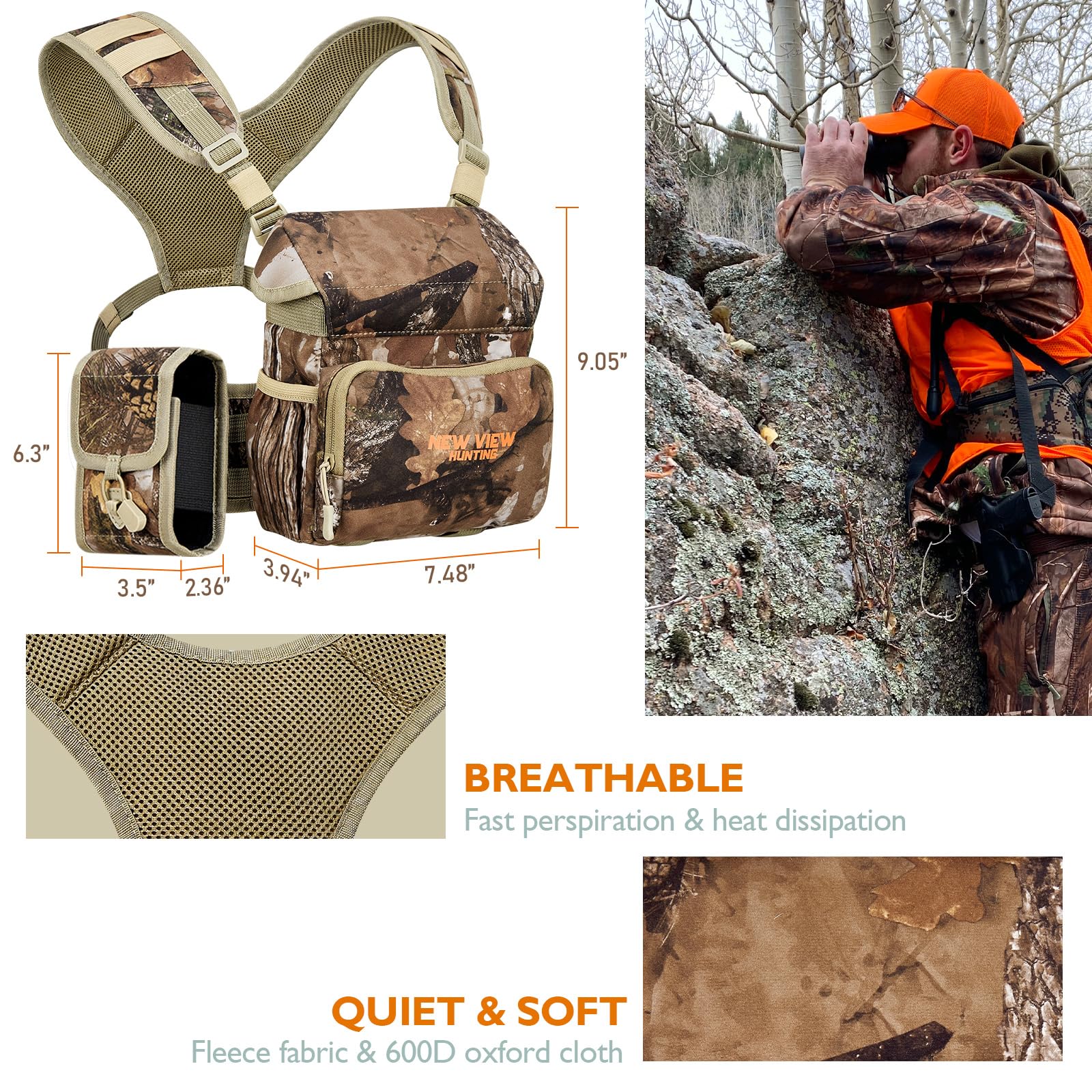 NEW VIEW Binocular Harness Chest Pack with Detachable Rangefinder Pouch, Adjustable Bino Harness & Rain Cover, Ideal for Hunting, Hiking - Camo & Quiet L - Image 3