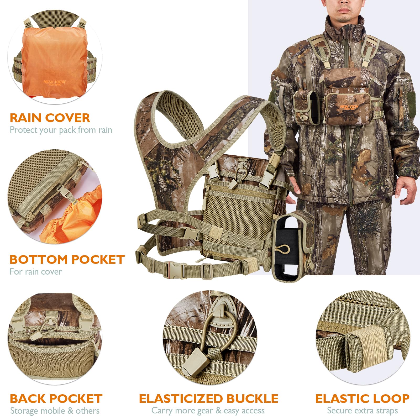 NEW VIEW Binocular Harness Chest Pack with Detachable Rangefinder Pouch, Adjustable Bino Harness & Rain Cover, Ideal for Hunting, Hiking - Camo & Quiet L - Image 4
