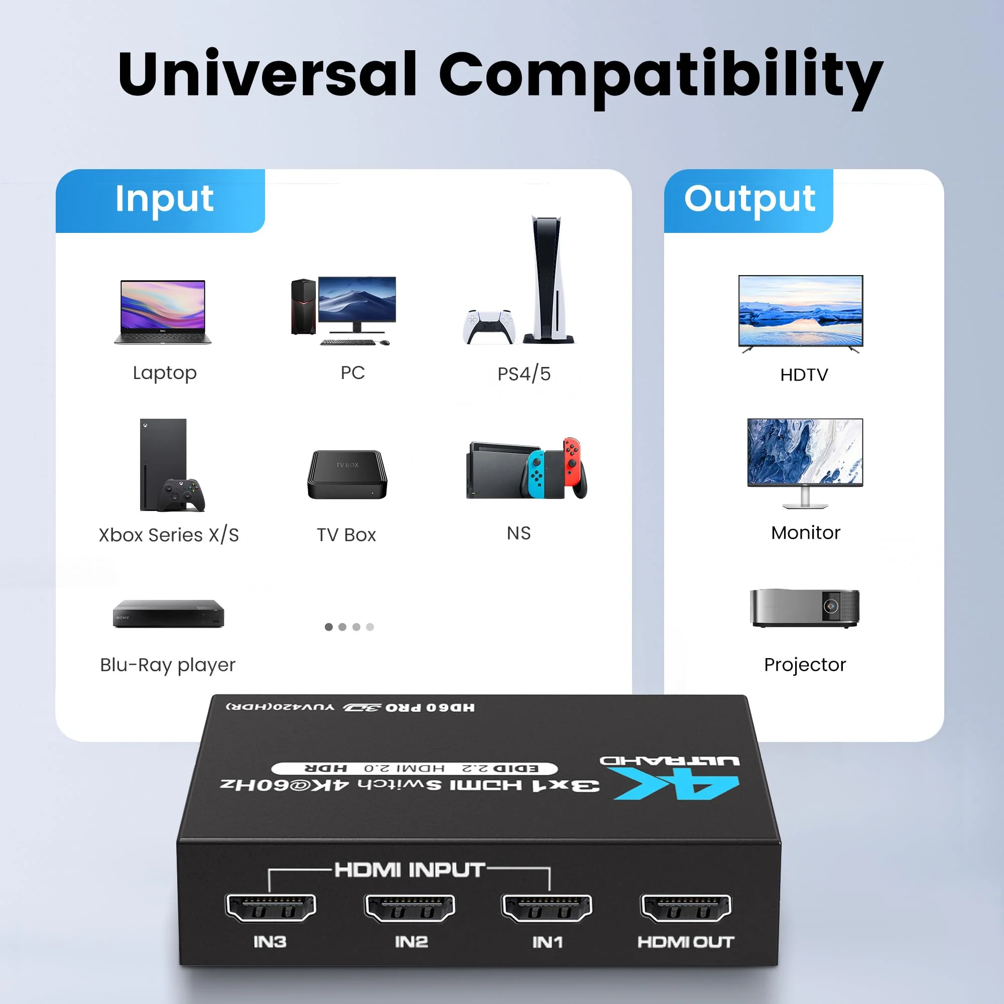 NEWCARE HDMI Switch 3 in 1 Out 4K@60Hz HDMI Splitter, 4K HDMI Switch with Remote Metal HDMI Switch Box Hub Support 4K@60Hz/30Hz 1080P 3D HDR Auto Switching for NS Xbox PS4/5 PC Fire Stick Roku 3x1 4K@60Hz - Image 3