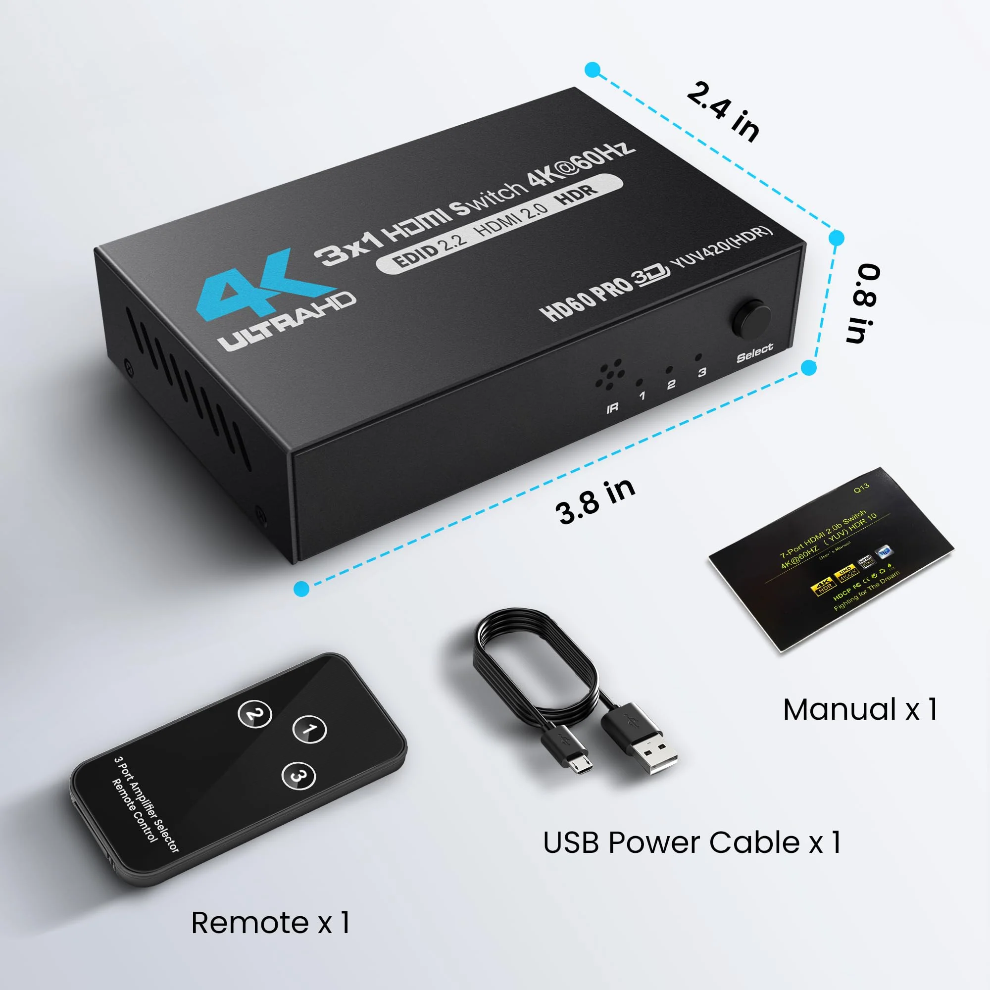 NEWCARE HDMI Switch 3 in 1 Out 4K@60Hz HDMI Splitter, 4K HDMI Switch with Remote Metal HDMI Switch Box Hub Support 4K@60Hz/30Hz 1080P 3D HDR Auto Switching for NS Xbox PS4/5 PC Fire Stick Roku 3x1 4K@60Hz - Image 9