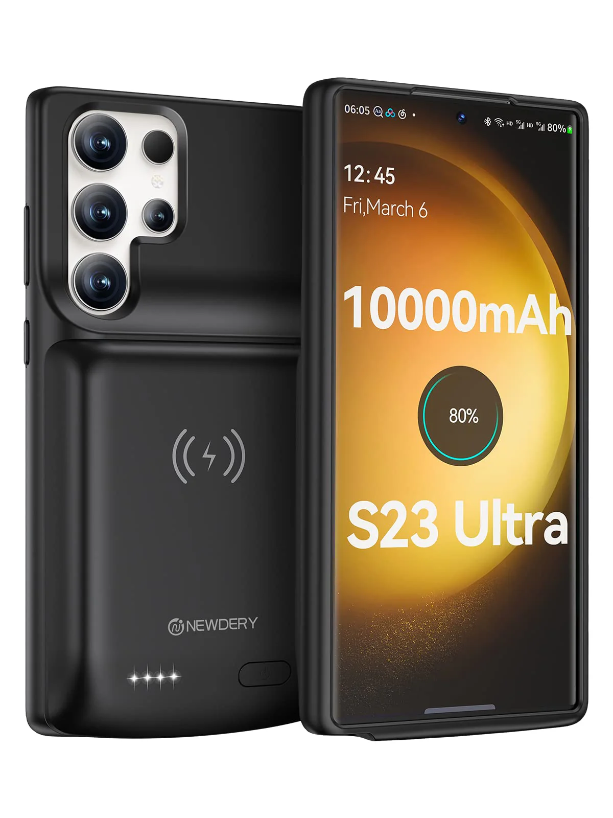 NEWDERY Battery Case for Galaxy S23 Ultra 10000mAh, Qi Wireless Charging, Fast Charging, Sync Data Supported, Powerful Portable Rechargeable Charger Case for Samsung S23 Ultra 5G 6.8" Black