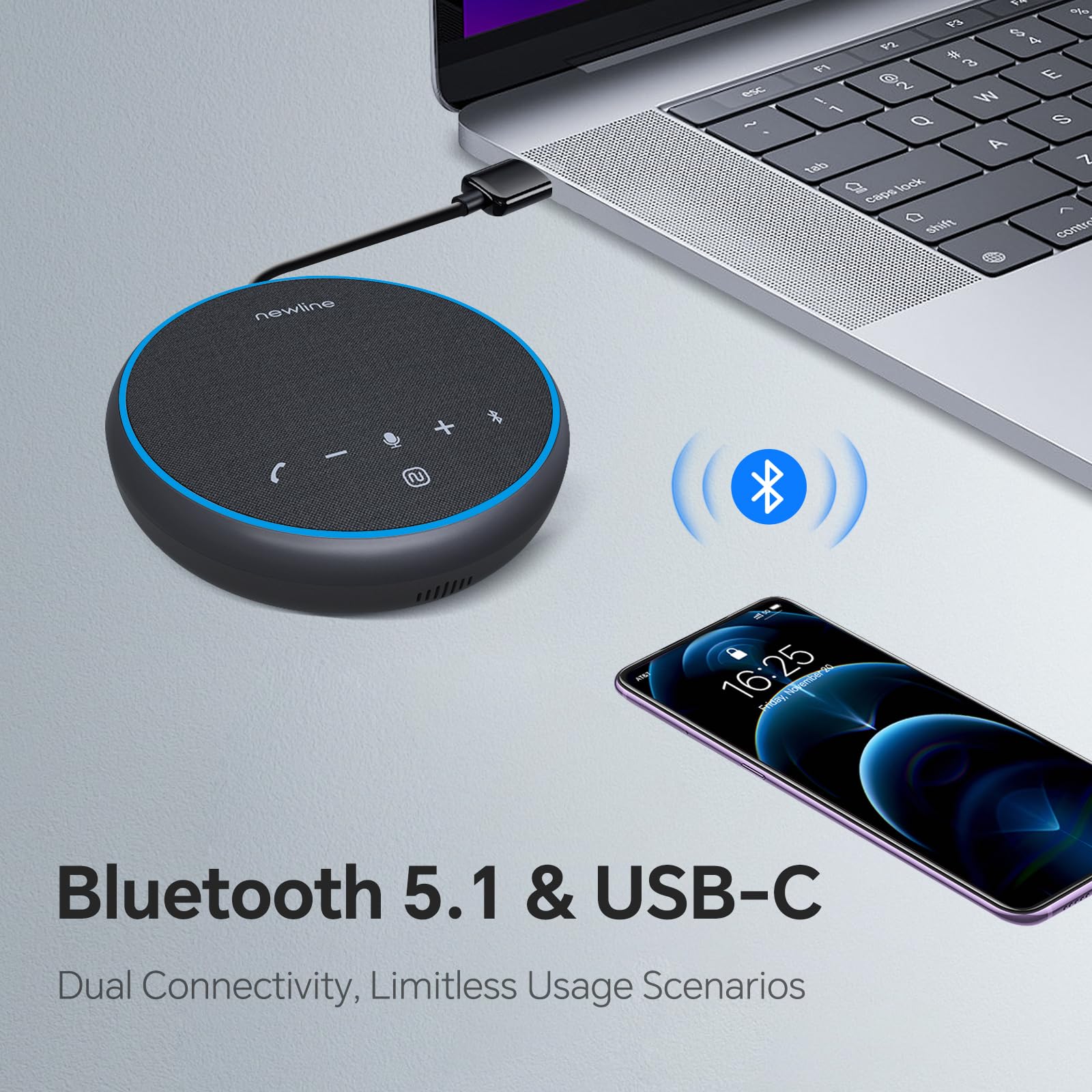 NewlineWork Newpie Conference Speaker & Bluetooth Microphone,360° Voice Pickup, AI Noise Reduction, Dual Connectivity & 43H Standby time,USB C,Perfect for Zoom Meetings, Multi-platform compatible - Image 6