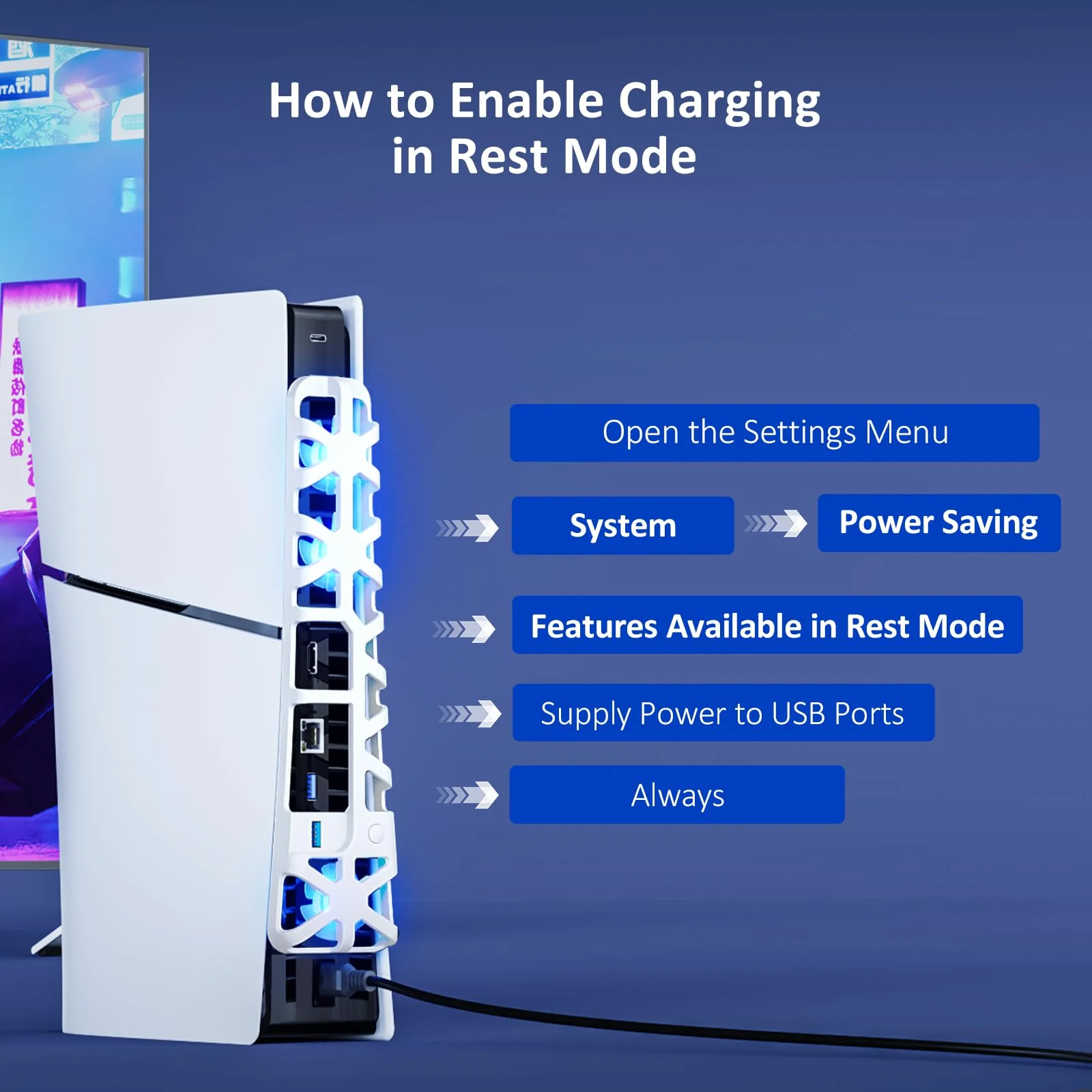 NexiGo PS5 Slim Silent Enhanced Cooling Fan with Adjustable Speed, Auto Power On/Off, with USB 3.0 Port, Efficient Cooling System for Both PS5 Slim Disc and Digital Editions (White) White - Image 7