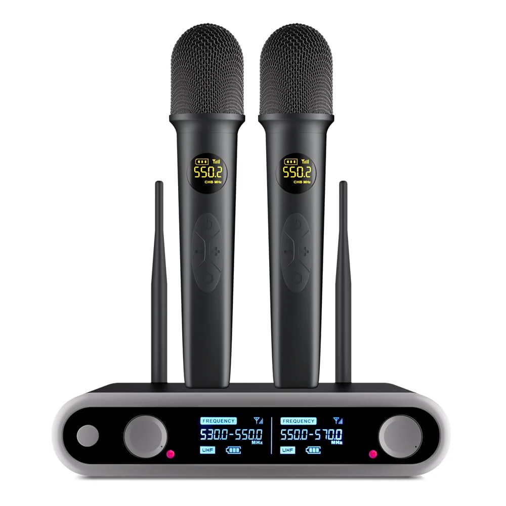 NG-88 2-Channel Wireless Microphone System, VHF Fixed Dual Band Wireless Kit with 2 Handheld Dynamic Transmitter Microphones and Receiver Base, for Sing, Wedding, DJ, Party, Black