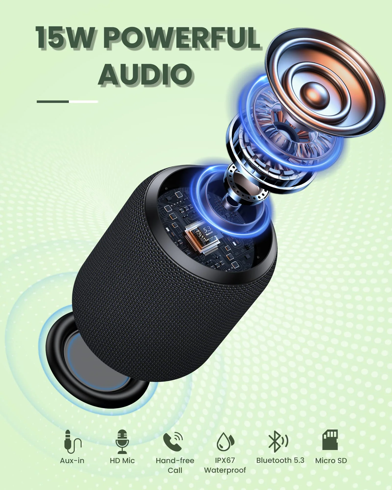 NOTABRICK Bluetooth Speakers, 15W Portable Speakers Bluetooth Wireless V5.0 with Stereo Sound, Active Extra Bass, IPX6 Waterproof Shower Speaker, Double Pairing, for Party, Home Theater, Game Theater 1PCS-Black - Image 3