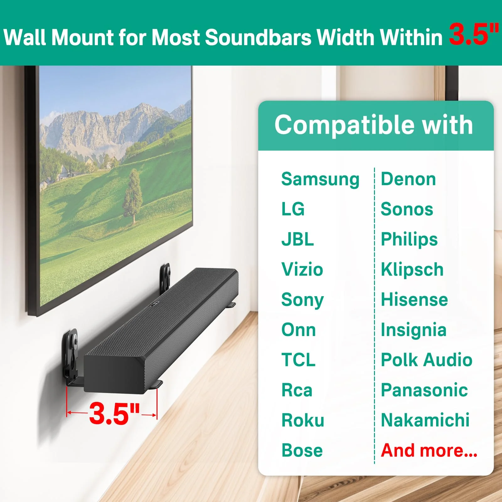 notiela Universal Soundbar Wall Mount Bracket Floating Wall Shelf for Samsung, Sony, LG, Nakamichi, Polk Audio, Vizio, Roku, Onn Soundbar Mount Mounting Bracket Sound Bar Mount Under TV Black - Image 2