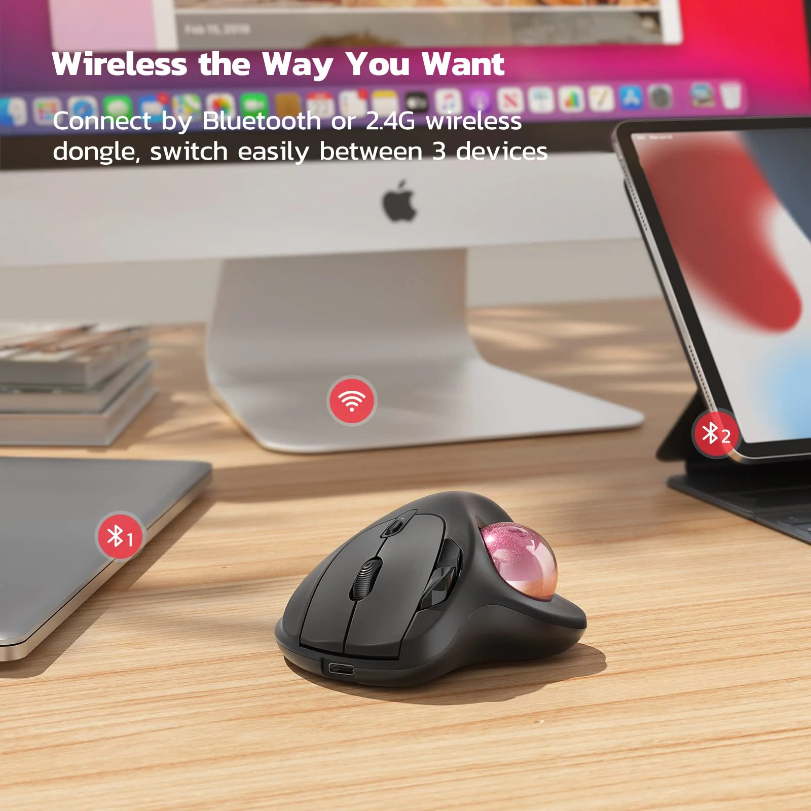 Nulea M501 Wireless Trackball Mouse, Rechargeable Ergonomic, Easy Thumb Control, Precise & Smooth Tracking, 3 Device Connection (Bluetooth or USB Receiver), Compatible for PC, Laptop, Mac, Windows. F-Pink - Image 4