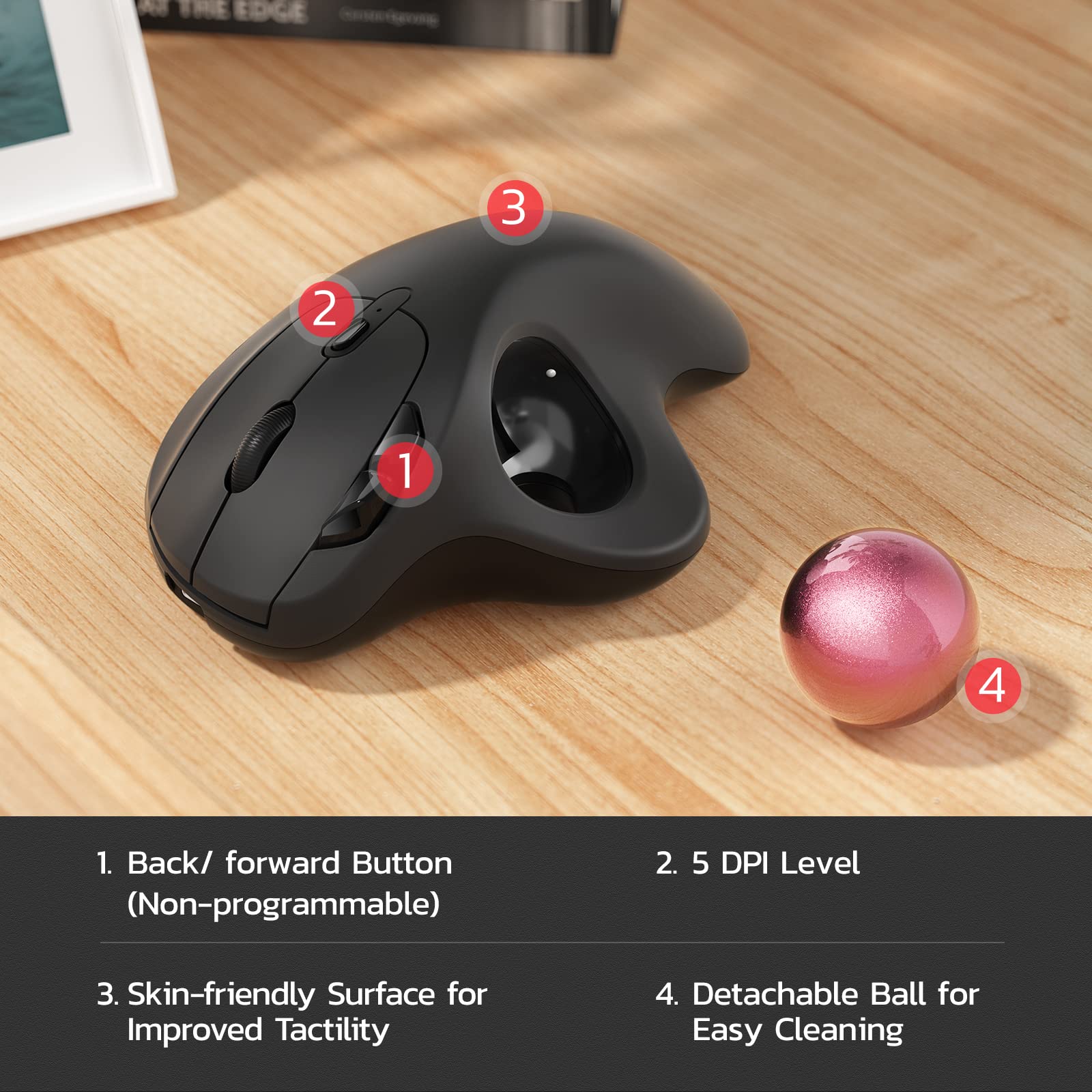 Nulea M501 Wireless Trackball Mouse, Rechargeable Ergonomic, Easy Thumb Control, Precise & Smooth Tracking, 3 Device Connection (Bluetooth or USB Receiver), Compatible for PC, Laptop, Mac, Windows. F-Pink - Image 7