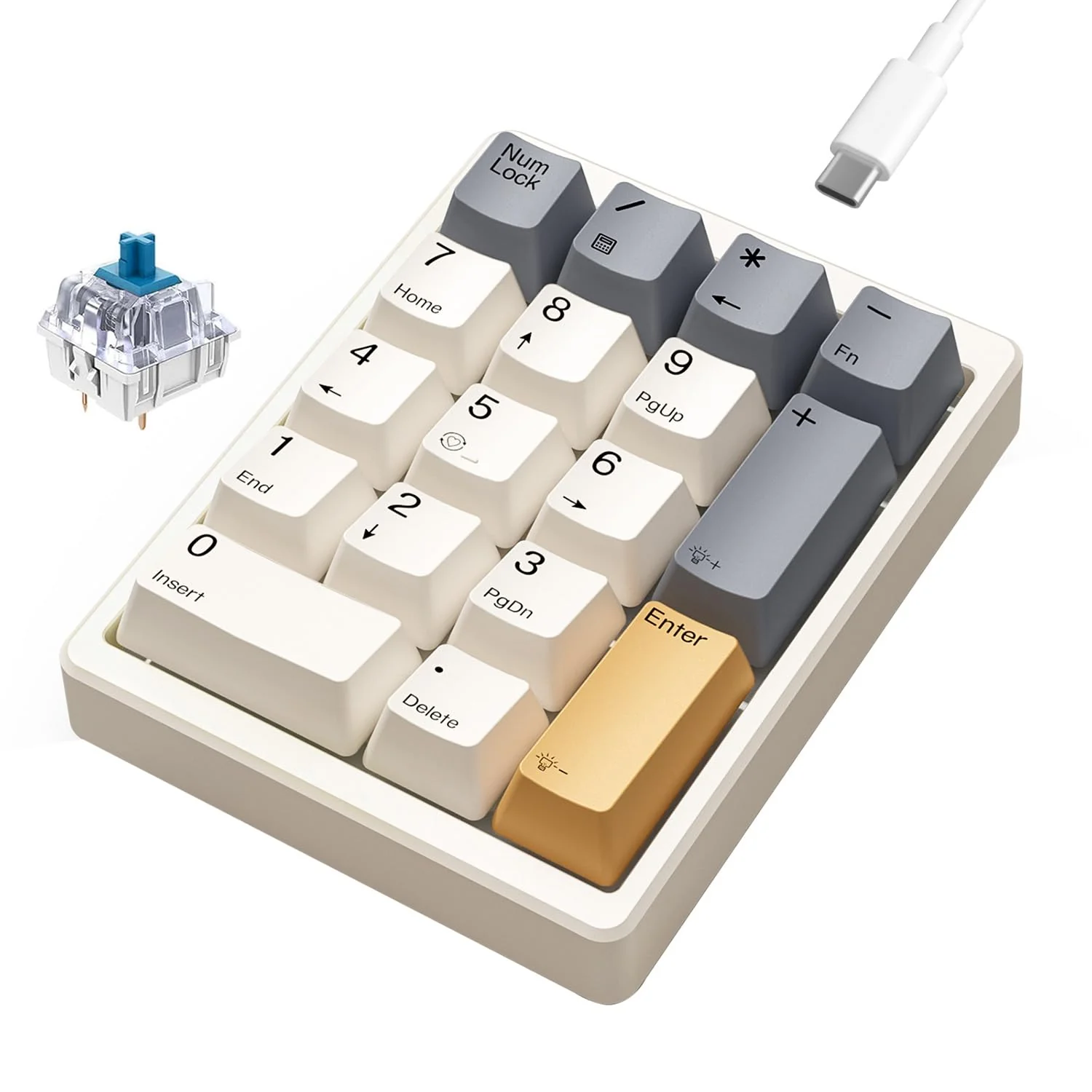 Number Pad, Wired USB Mechanical Numpad Hot-Swappable White Backlit Standard 17 Keys Numeric Keypad with PBT Keycaps Keypad for Laptop PC TKL Keyboards(Retro Beige,Blue Switch) Blue switch