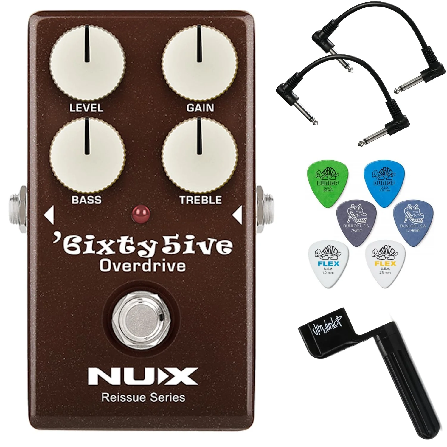 NUX 6ixty5ive Overdrive Effect Pedal Bundle with 2 Patch Cables, 6 Dunlop Picks, and String Winder