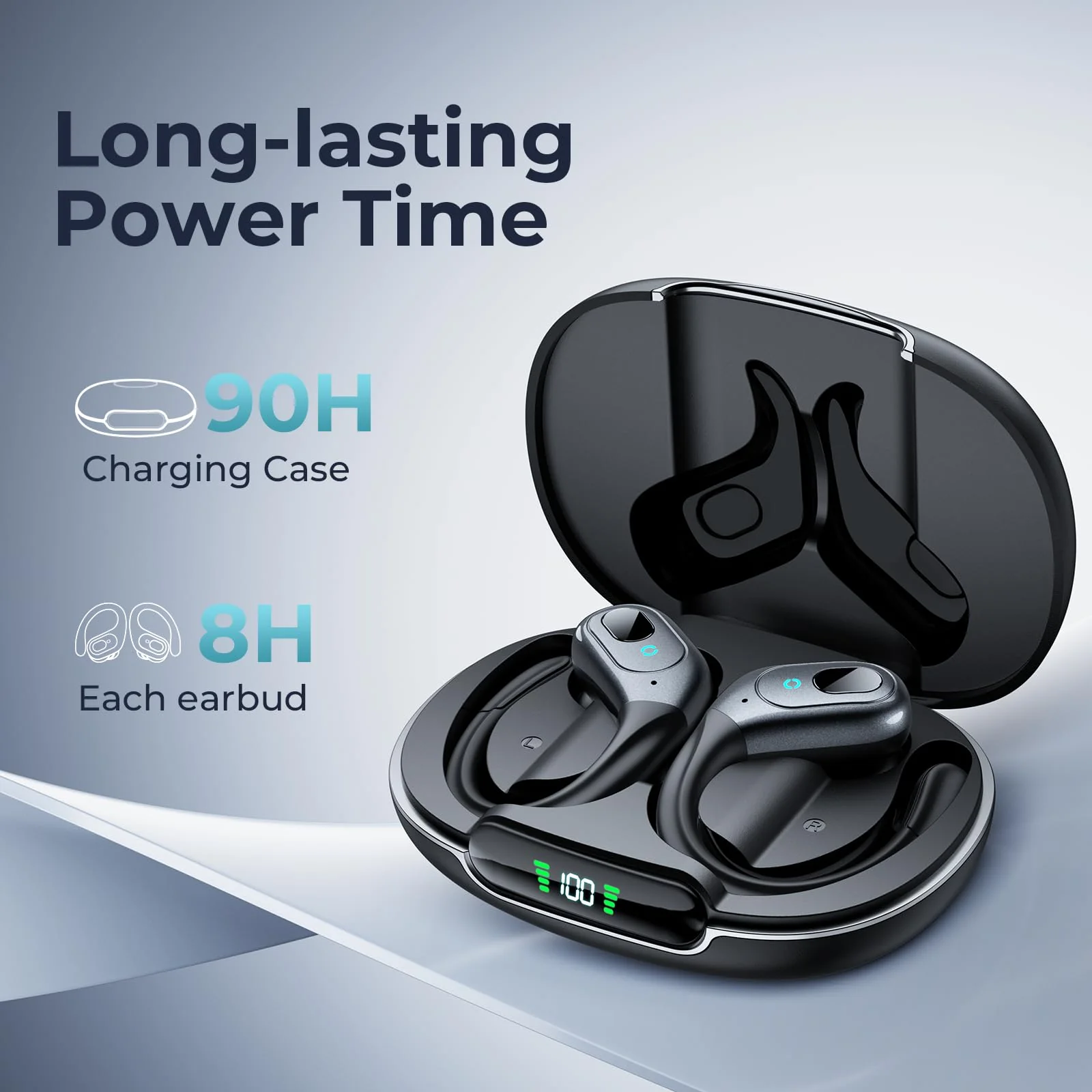 occiam Bluetooth Headphones Wireless Earbuds 90Hrs Playback Sport Ear Buds with Earhook LED Display Charging Case IPX7 Waterproof Earbud Deep Bass Running Earphones for IOS Android Cellphone,Black Black - Image 3