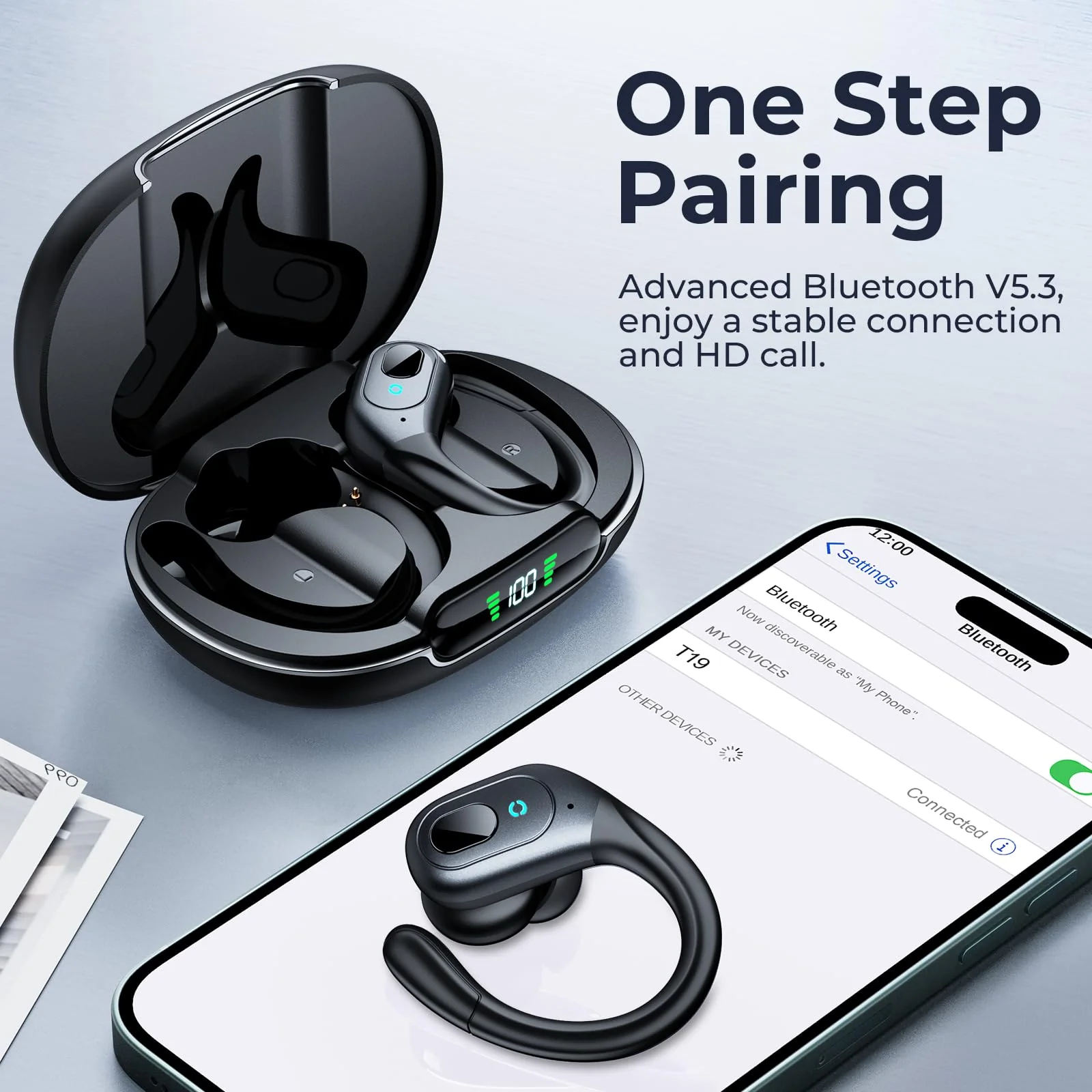 occiam Bluetooth Headphones Wireless Earbuds 90Hrs Playback Sport Ear Buds with Earhook LED Display Charging Case IPX7 Waterproof Earbud Deep Bass Running Earphones for IOS Android Cellphone,Black Black - Image 5