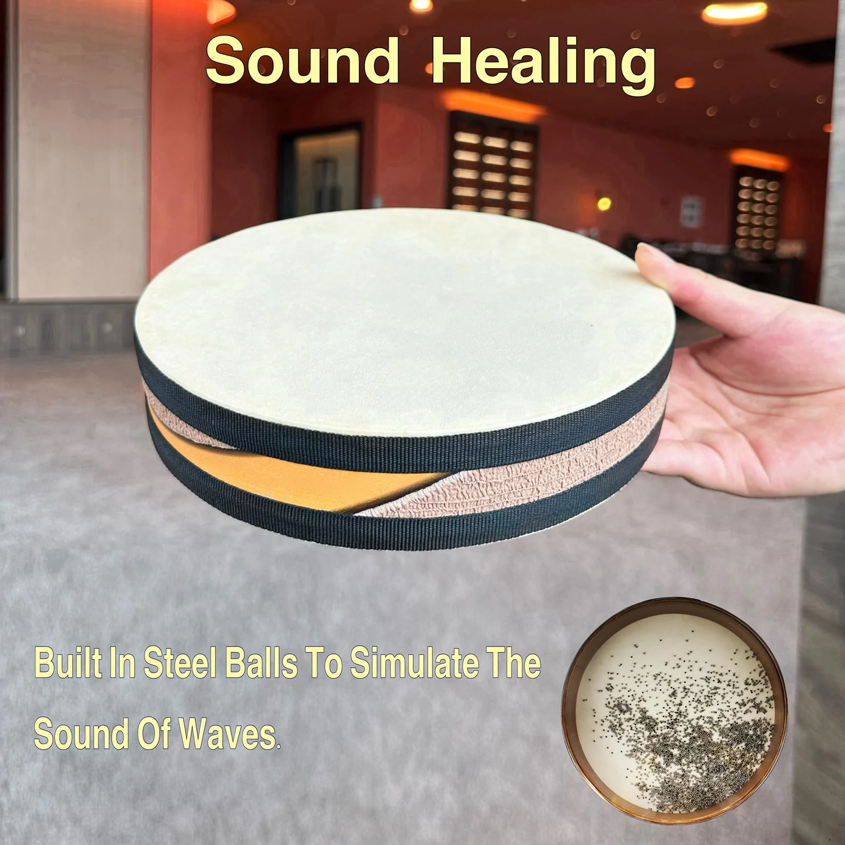 Ocean Drum,10'' Handmade Wooden,Natural sheepskin,Musical Healing Instrument, Orff Percussion, Simulates the Sound of Ocean Waves,For Recreation,Yoga Meditation, Stress Relief and Relaxation - Image 5