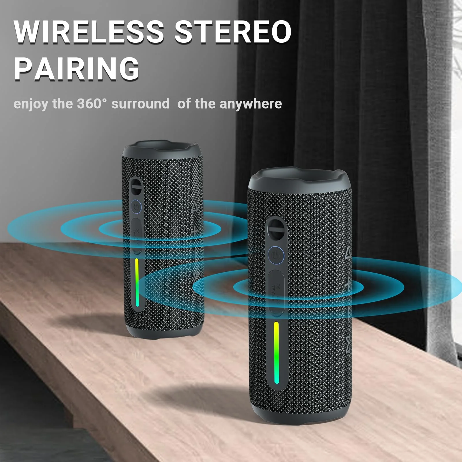 OHAYO Portable Bluetooth Speaker, IPX7 Waterproof Wireless Speaker with 24W Loud Stereo Sound, Active Extra Bass, Bluetooth 5.3, RGB Lights, Dual Pairing, Up to 30H Playtime for Home, Outdoor, Party Black - Image 5