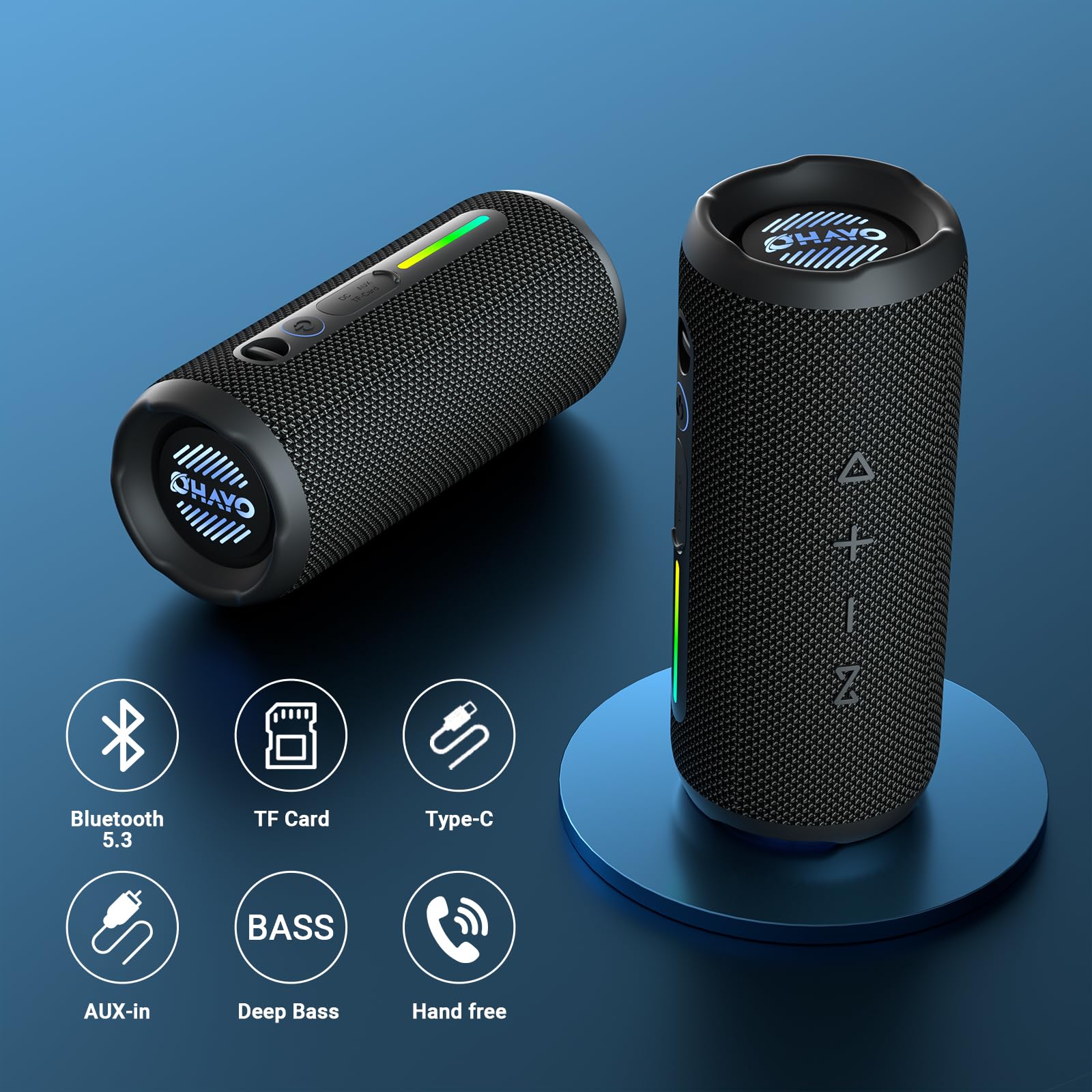 OHAYO Portable Bluetooth Speaker, IPX7 Waterproof Wireless Speaker with 24W Loud Stereo Sound, Active Extra Bass, Bluetooth 5.3, RGB Lights, Dual Pairing, Up to 30H Playtime for Home, Outdoor, Party Black - Image 7