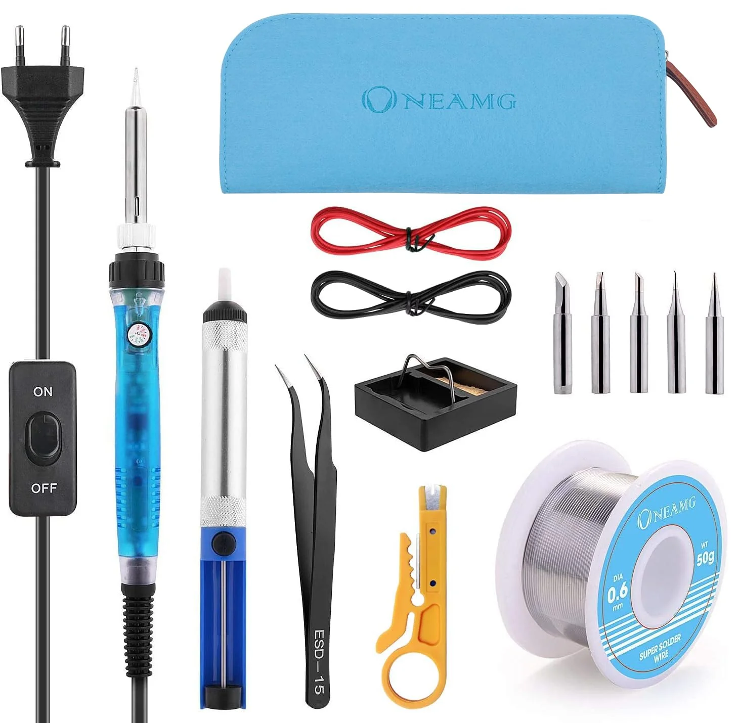 OneAmg Soldering Iron Set, Soldering Iron Kit, Soldering Set, 60 W, Digital Soldering Station, Temperature Adjustable and On/Off Switch, Soldering Iron Kit, 220 V with 5 Soldering Tips, Desoldering Pump, Soldering Iron Stand, Tweezers 916