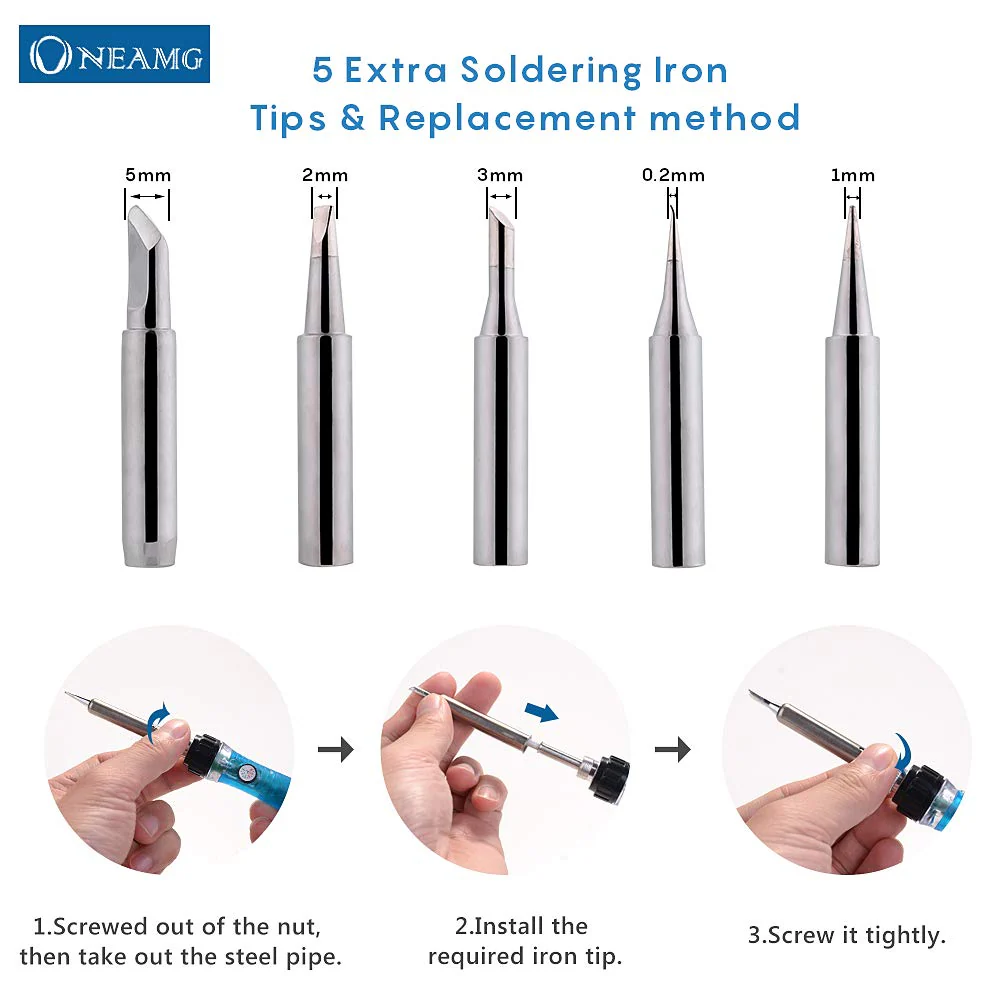 OneAmg Soldering Iron Set, Soldering Iron Kit, Soldering Set, 60 W, Digital Soldering Station, Temperature Adjustable and On/Off Switch, Soldering Iron Kit, 220 V with 5 Soldering Tips, Desoldering Pump, Soldering Iron Stand, Tweezers 916 - Image 5