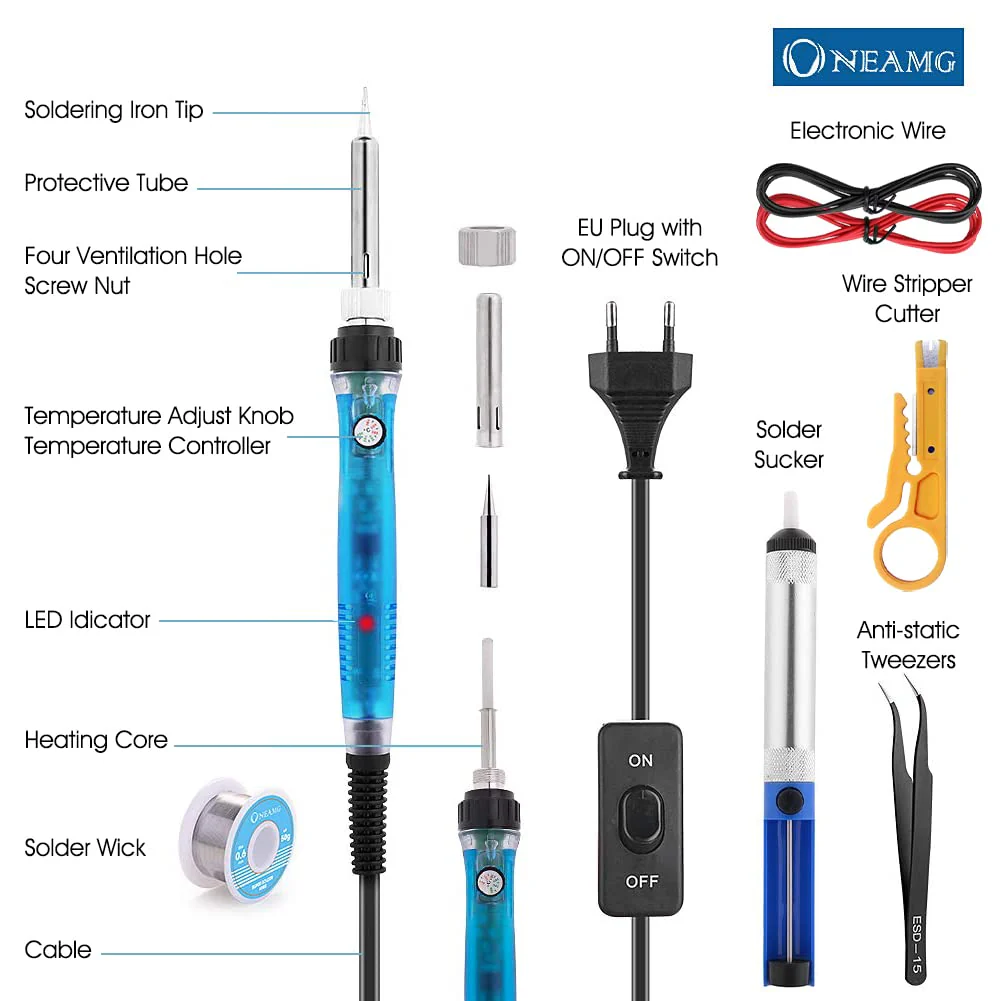 OneAmg Soldering Iron Set, Soldering Iron Kit, Soldering Set, 60 W, Digital Soldering Station, Temperature Adjustable and On/Off Switch, Soldering Iron Kit, 220 V with 5 Soldering Tips, Desoldering Pump, Soldering Iron Stand, Tweezers 916 - Image 7