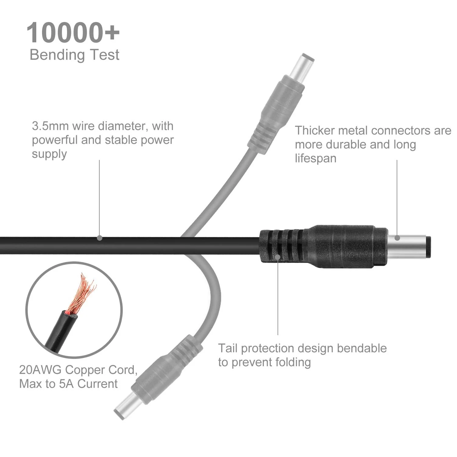 Onite 6.6ft Male to Male Extension Cord, DC 5.5x2.1mm Power Adapter Cable, for LED Strip, Surveillance Camera, CCTV Security Camera, LED Display, IP Camera, DVR, Router, Invoice Printer, 2-Pack 5.5x2.1mm Male to Male 6.6ft 2-Pack - Image 3
