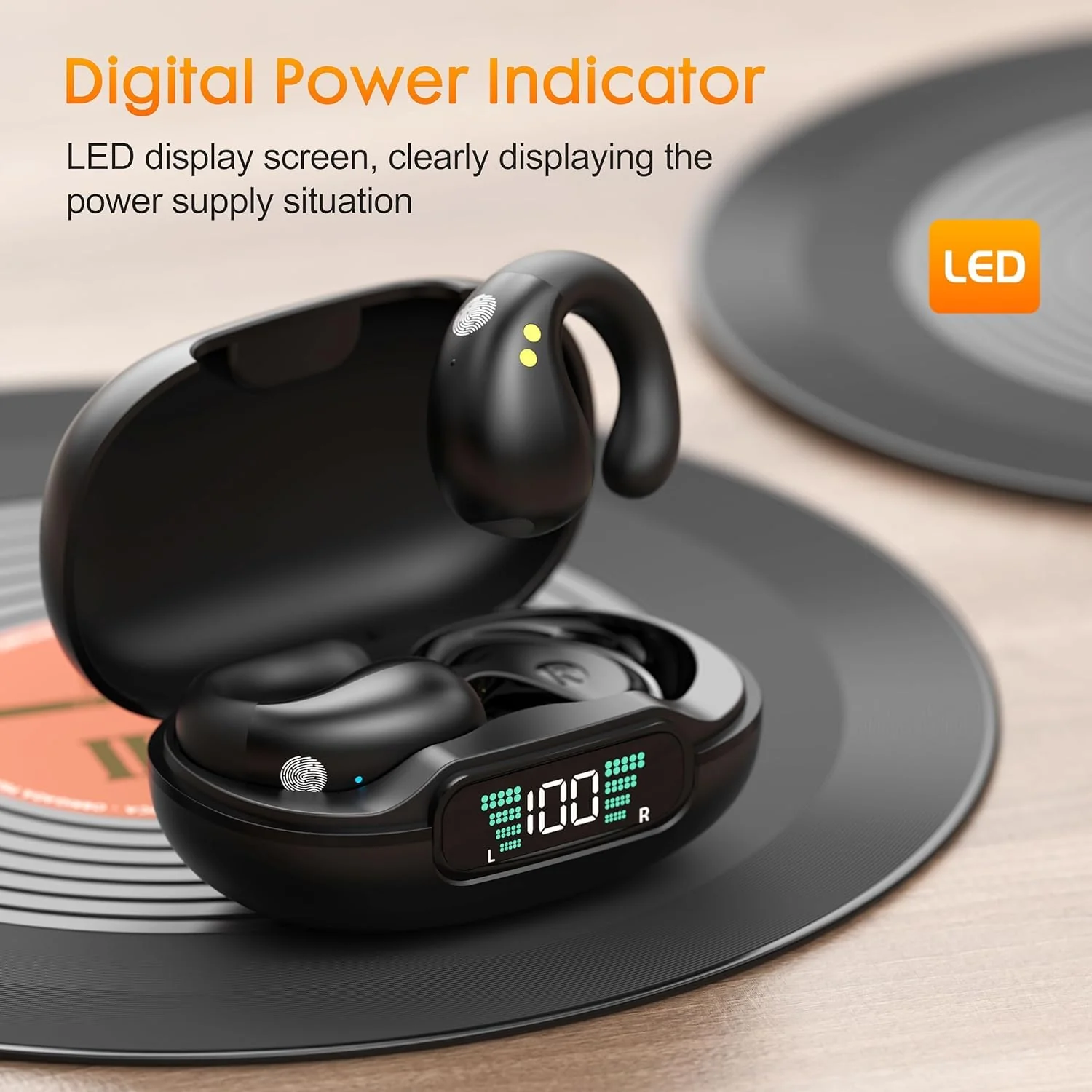 Open Ear Clip on Headphones, Wireless Earbuds Bluetooth 5.3 Sport Earphones Built-in Mic with Ear Hooks 36H Playtime Ear Buds LED Display Charging Case, Waterproof Design for Running Fitness, Black - Image 3