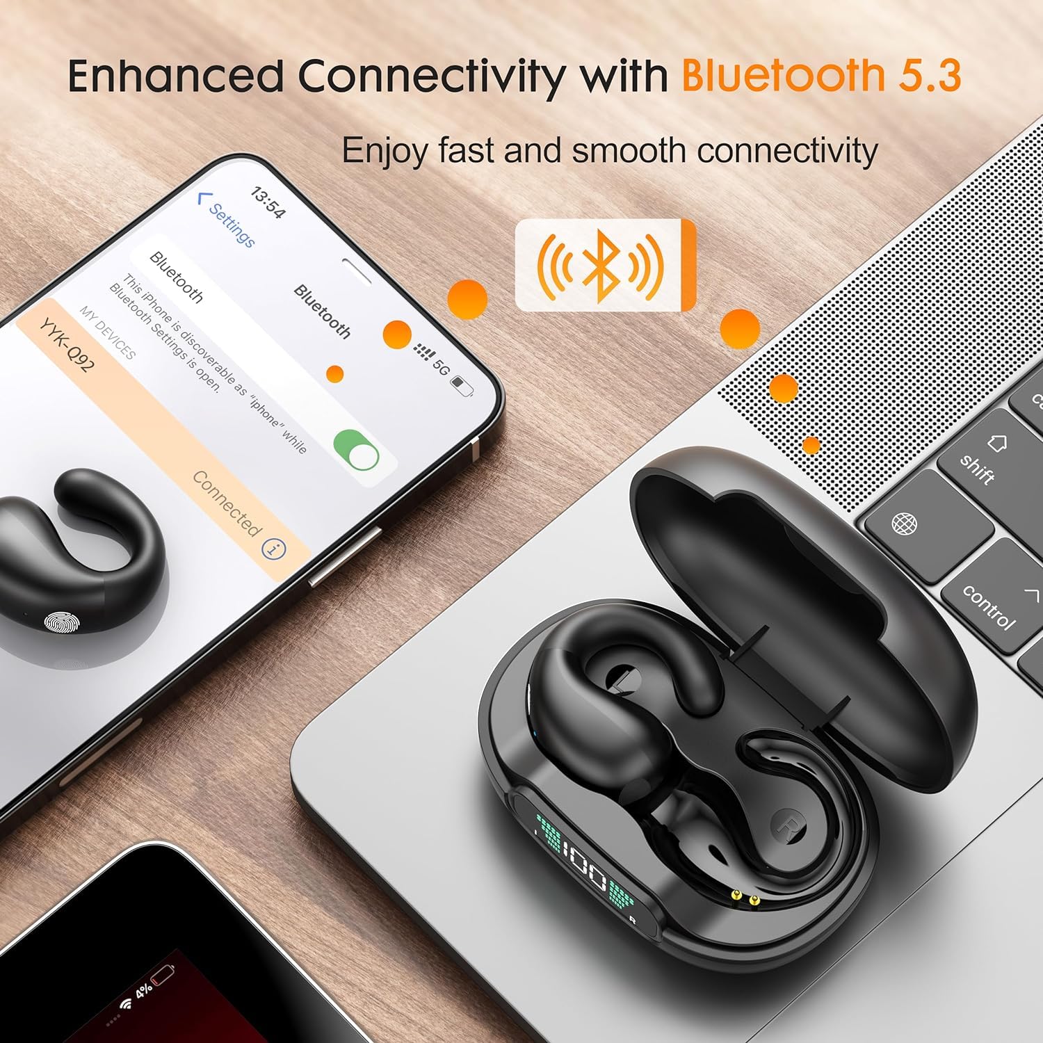 Open Ear Clip on Headphones, Wireless Earbuds Bluetooth 5.3 Sport Earphones Built-in Mic with Ear Hooks 36H Playtime Ear Buds LED Display Charging Case, Waterproof Design for Running Fitness, Black - Image 5