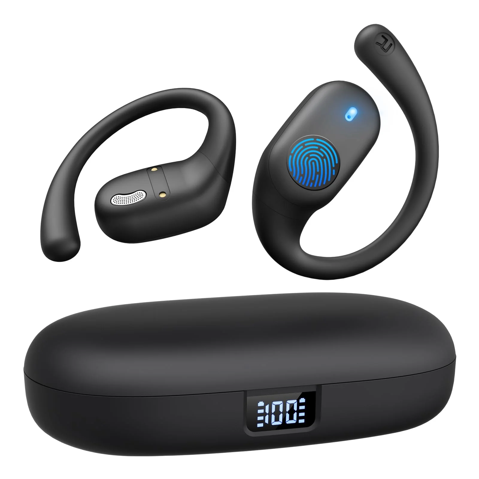 Open Ear Headphones, Bluetooth Headphones 5.3 Sports with Smart Digital Display, 36H Playtime, IP54 Waterproof, Wireless Earbuds Lightweight Design Fit Cycling, Running, Workout (Black) Black