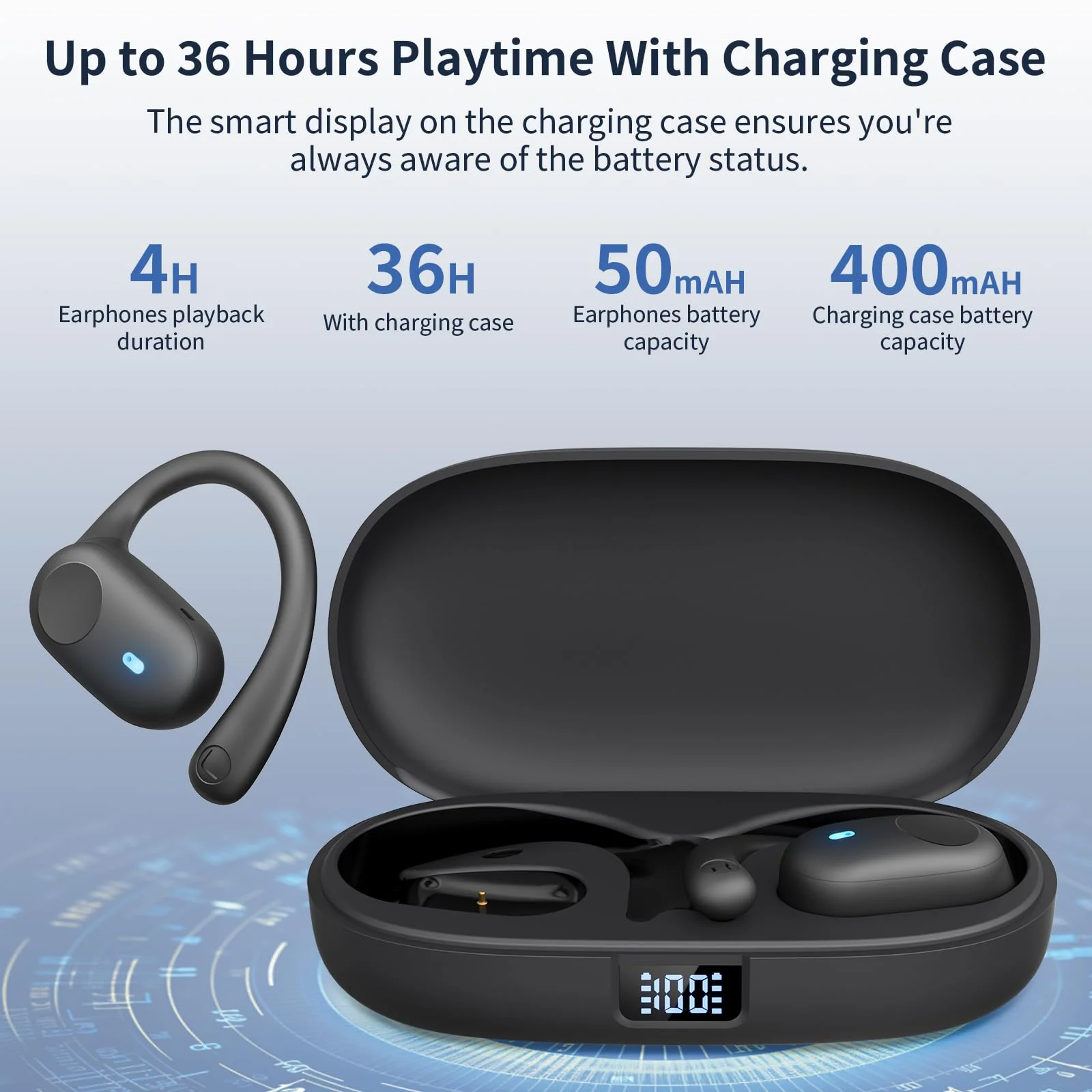Open Ear Headphones, Bluetooth Headphones 5.3 Sports with Smart Digital Display, 36H Playtime, IP54 Waterproof, Wireless Earbuds Lightweight Design Fit Cycling, Running, Workout (Black) Black - Image 2