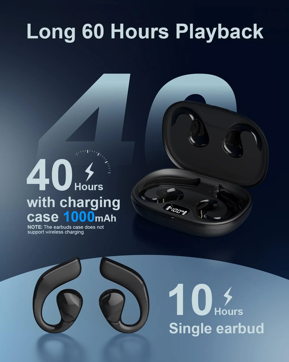 Open Ear Headphones Wireless Bluetooth 5.3, Open Ear Earbuds with Dual 16.2mm Dynamic Drivers 60 Hours Playtime Waterproof Sport Running Earbuds with Earhooks, Compatible with iPhone Android TV Black - Image 6