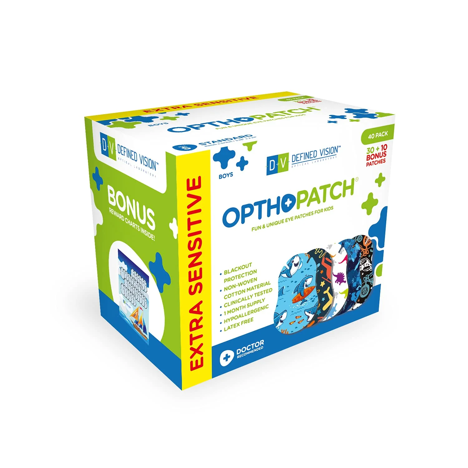 OPTHOPATCH Kids Eye Patches - Fun Boys Design - 30 + 10 Bonus Latex Free Hypoallergenic Cotton Extra Sensitive Adhesive Bandages for Amblyopia & Cross Eye-3 Reward Chart Posters by Defined Vision