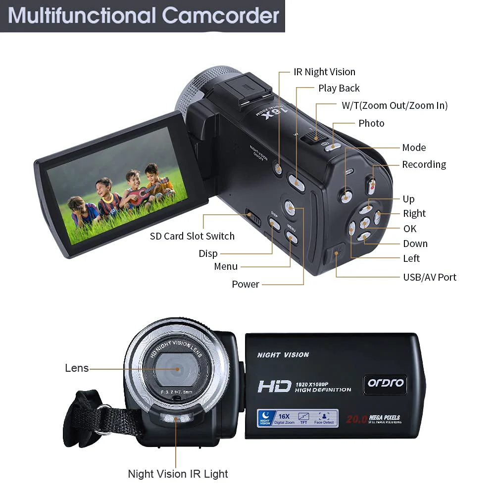ORDRO Camcorders HDV-V12 HD 1080P Video Camera Recorder Infrared Night Vision Camera Camcorders with 16G SD Card and 2 Batteries - Image 7