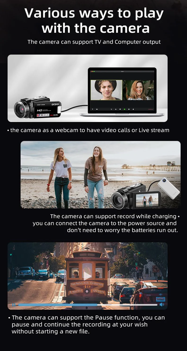ORDRO Video Camera Camcorder Full HD 1080P 30FPS 30MP, IR Night Vision Vlogging Camera Recorder for YouTube 3.0 Inch IPS Screen 18X Zoom Camcorders with 16G SD Card, 2 Batteries Remote Control - Image 7