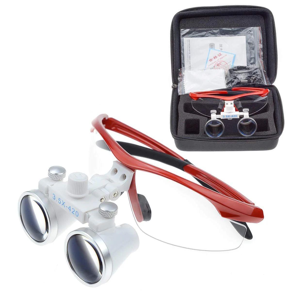 Orilao Surgical Binocular, Anti-Fog Magnifying Glass, 3.5 x 420 mm Working Distance, Optical Glass, Red