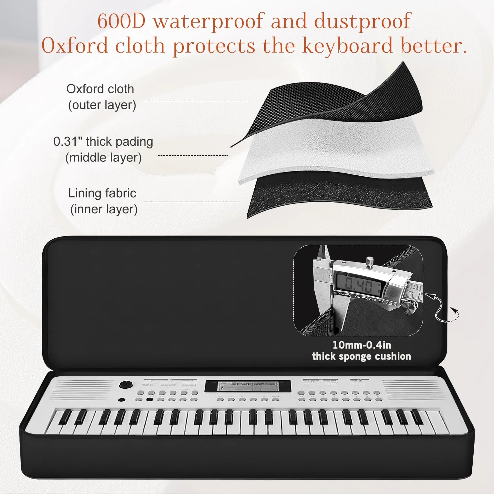 ORKELS Piano Keyboard Case, 10mm Pearl Cotton Full Padded Electric Piano Keyboard Gig Bag, with Handles, Adjustable Shoulder Straps, and Large Accessory Pocket (FOR-49-KEY KEYBOARD PIANO) FOR-49-KEY KEYBOARD PIANO - Image 3