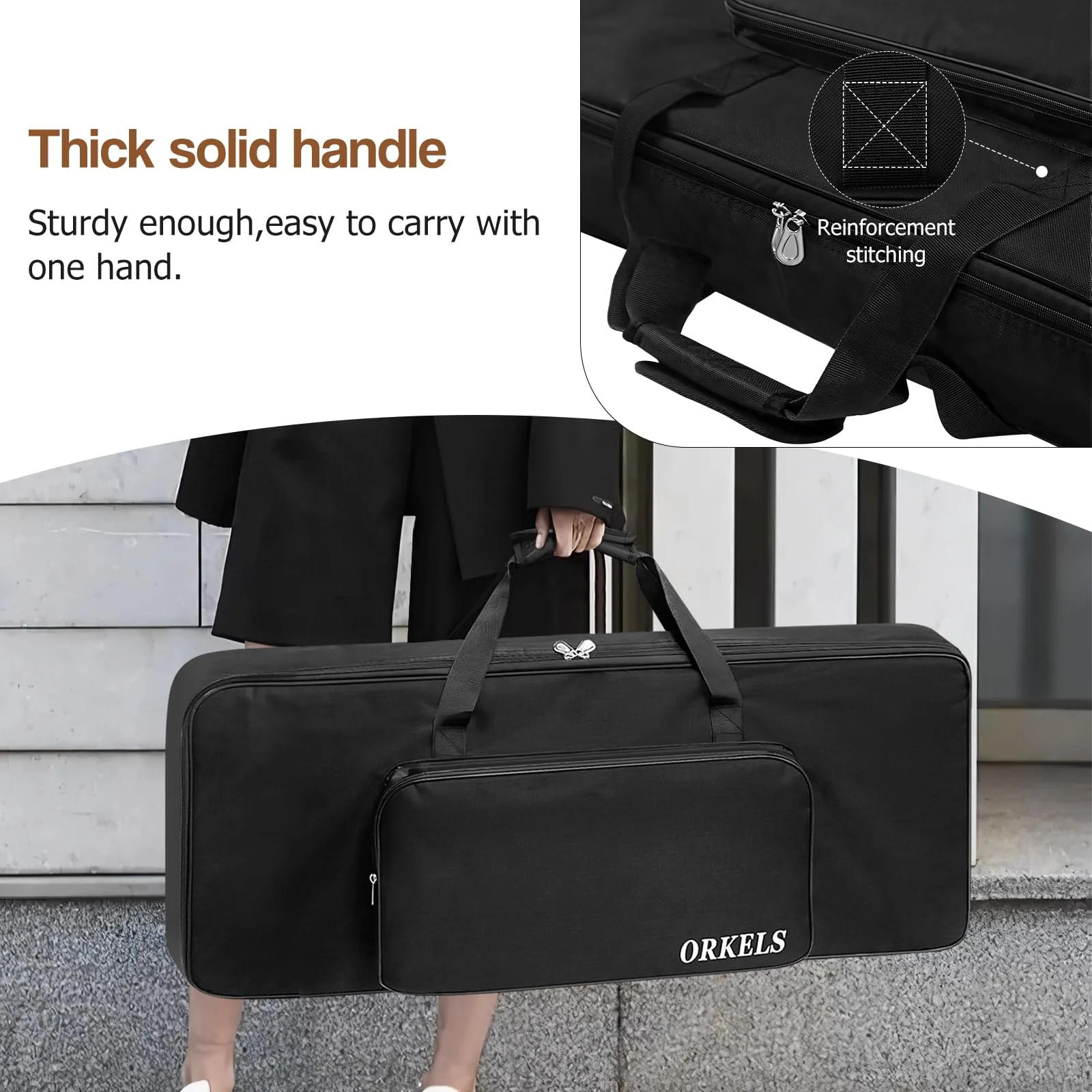 ORKELS Piano Keyboard Case, 10mm Pearl Cotton Full Padded Electric Piano Keyboard Gig Bag, with Handles, Adjustable Shoulder Straps, and Large Accessory Pocket (FOR-49-KEY KEYBOARD PIANO) FOR-49-KEY KEYBOARD PIANO - Image 5